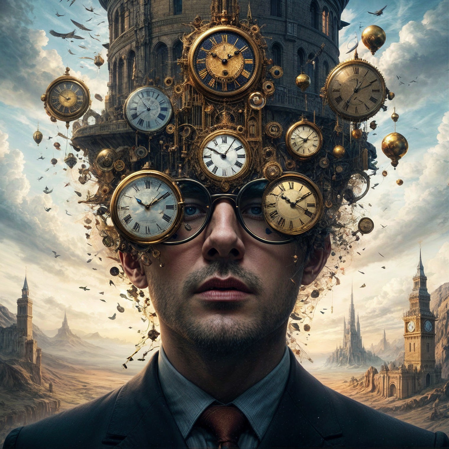 Surreal Scene of a Man with Clocks and Gears