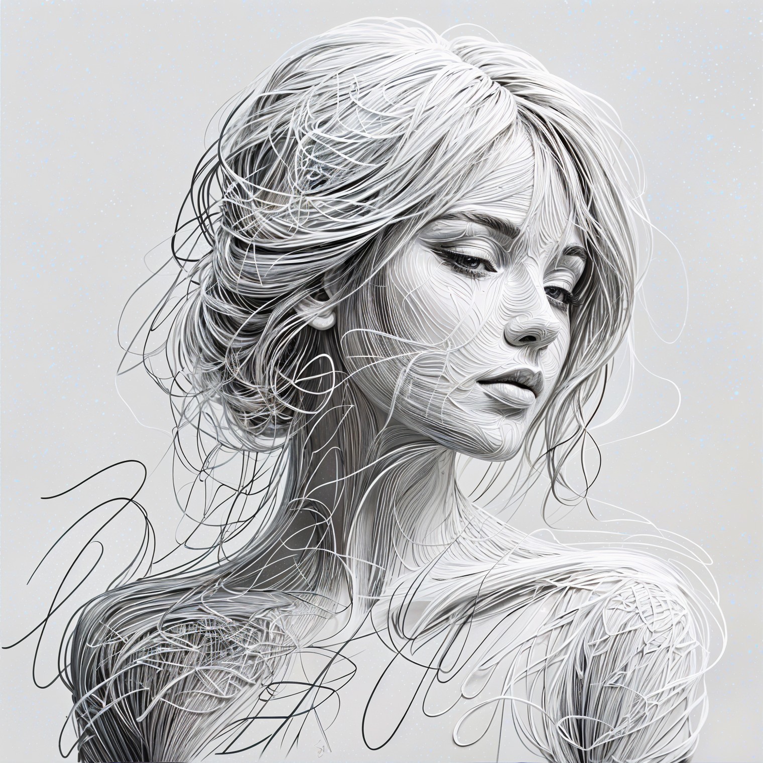 Stylized portrait of a woman with flowing hair and depth