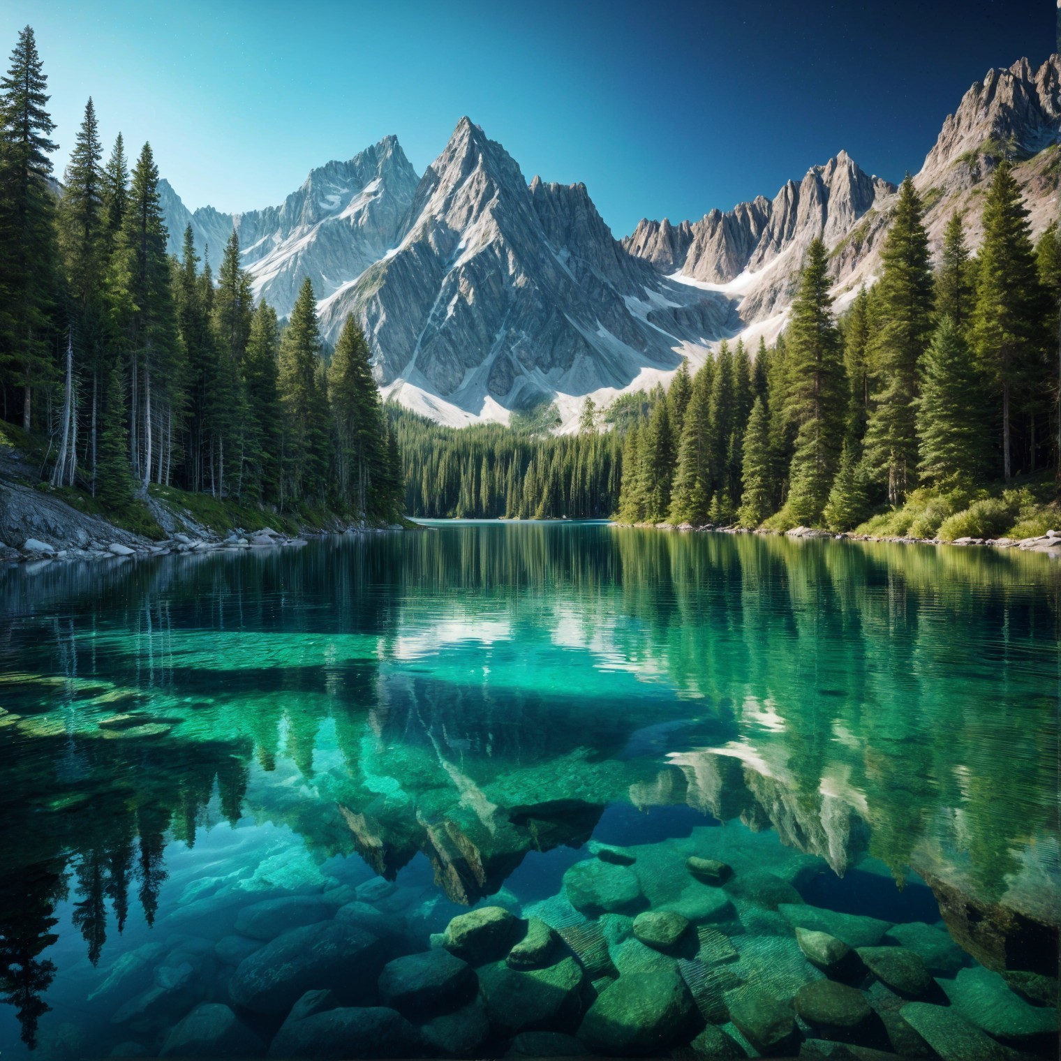 Serene Mountain Lake Surrounded by Lush Peaks and Trees