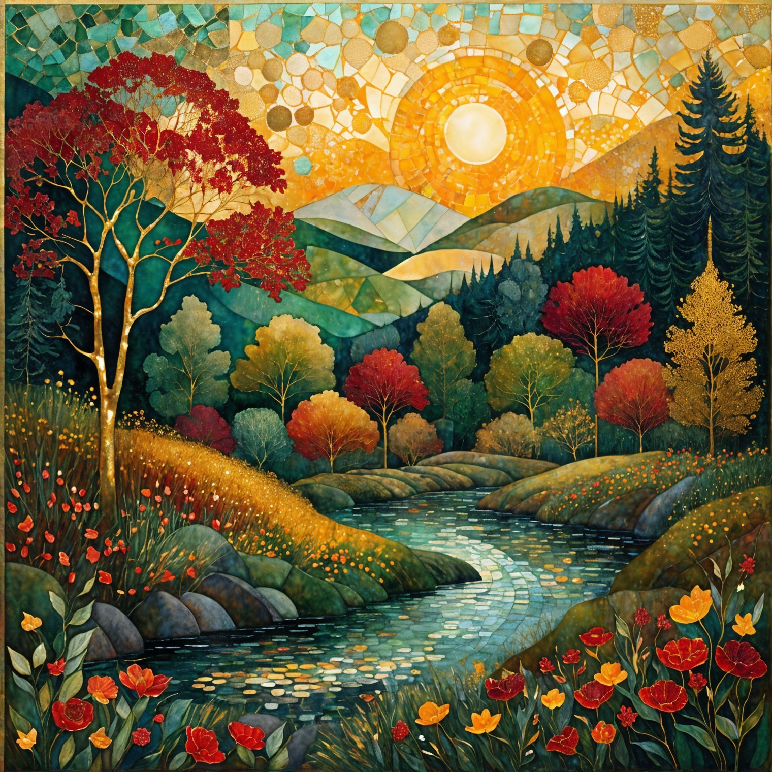Vibrant Autumn Landscape with Winding River and Mountains