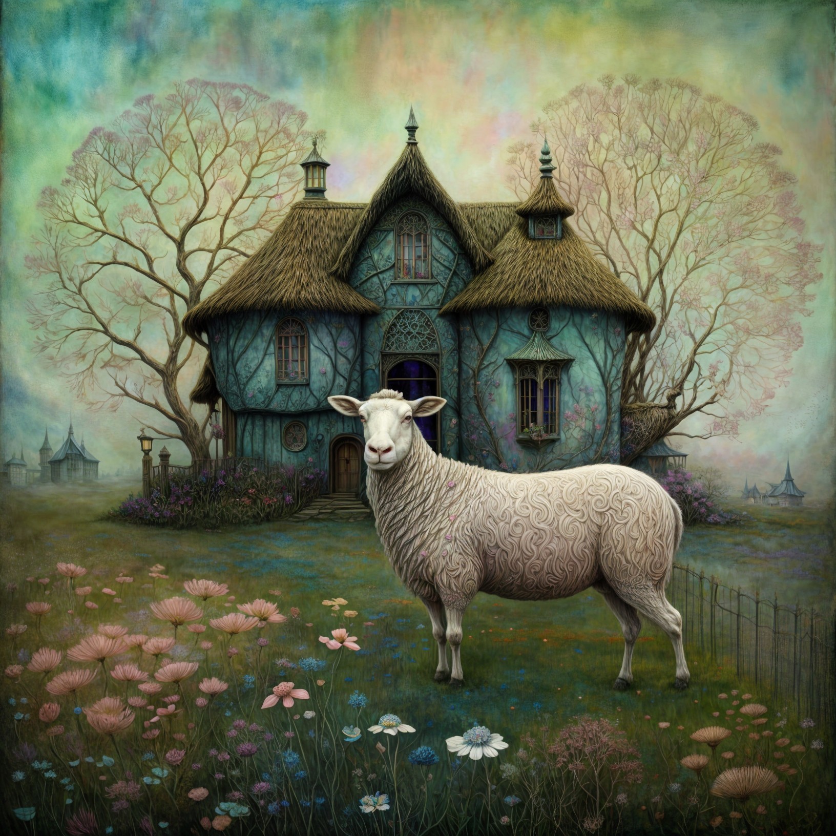 Whimsical Cottage Surrounded by Colorful Landscape