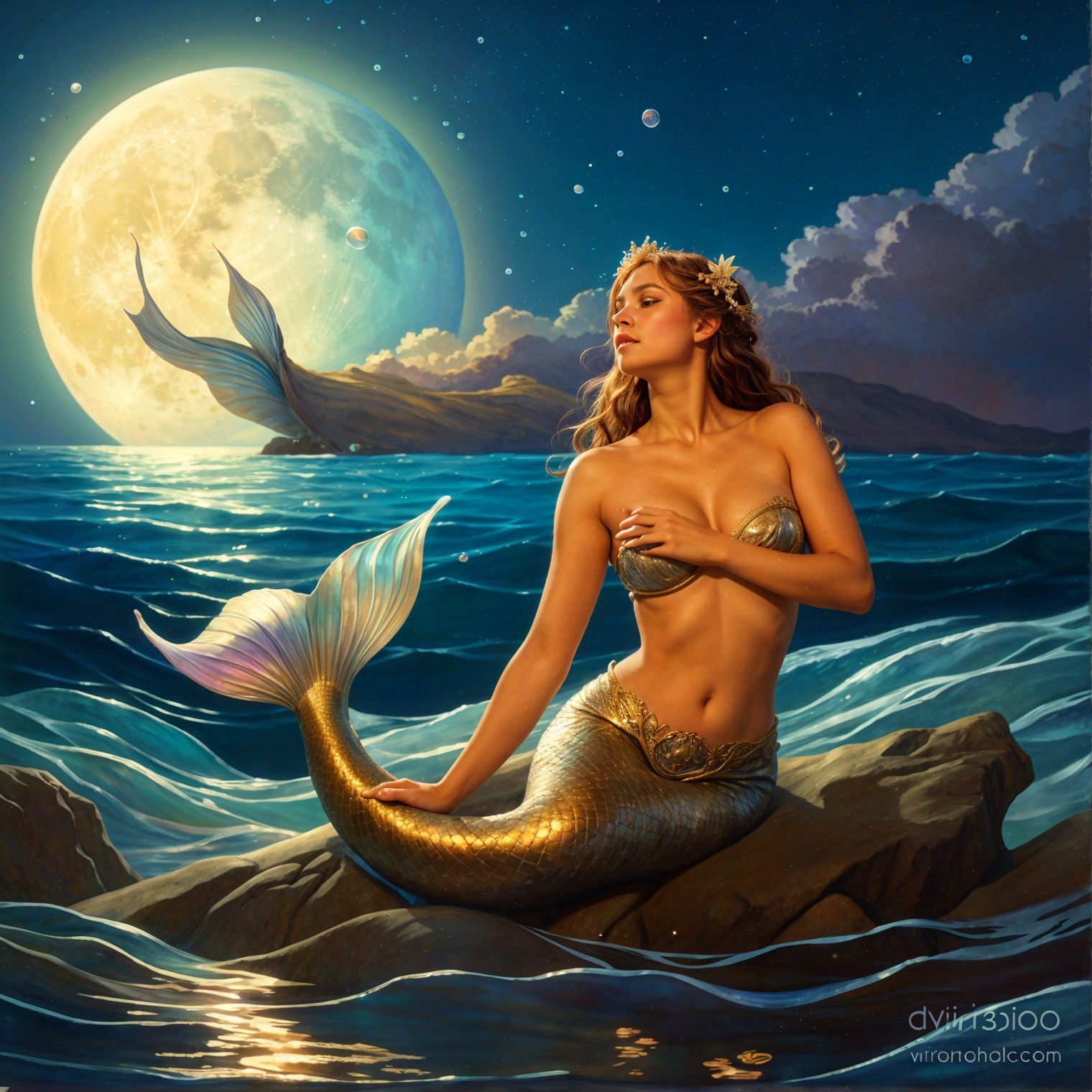 Serene Mermaid on Rocky Outcrop Under Moonlight