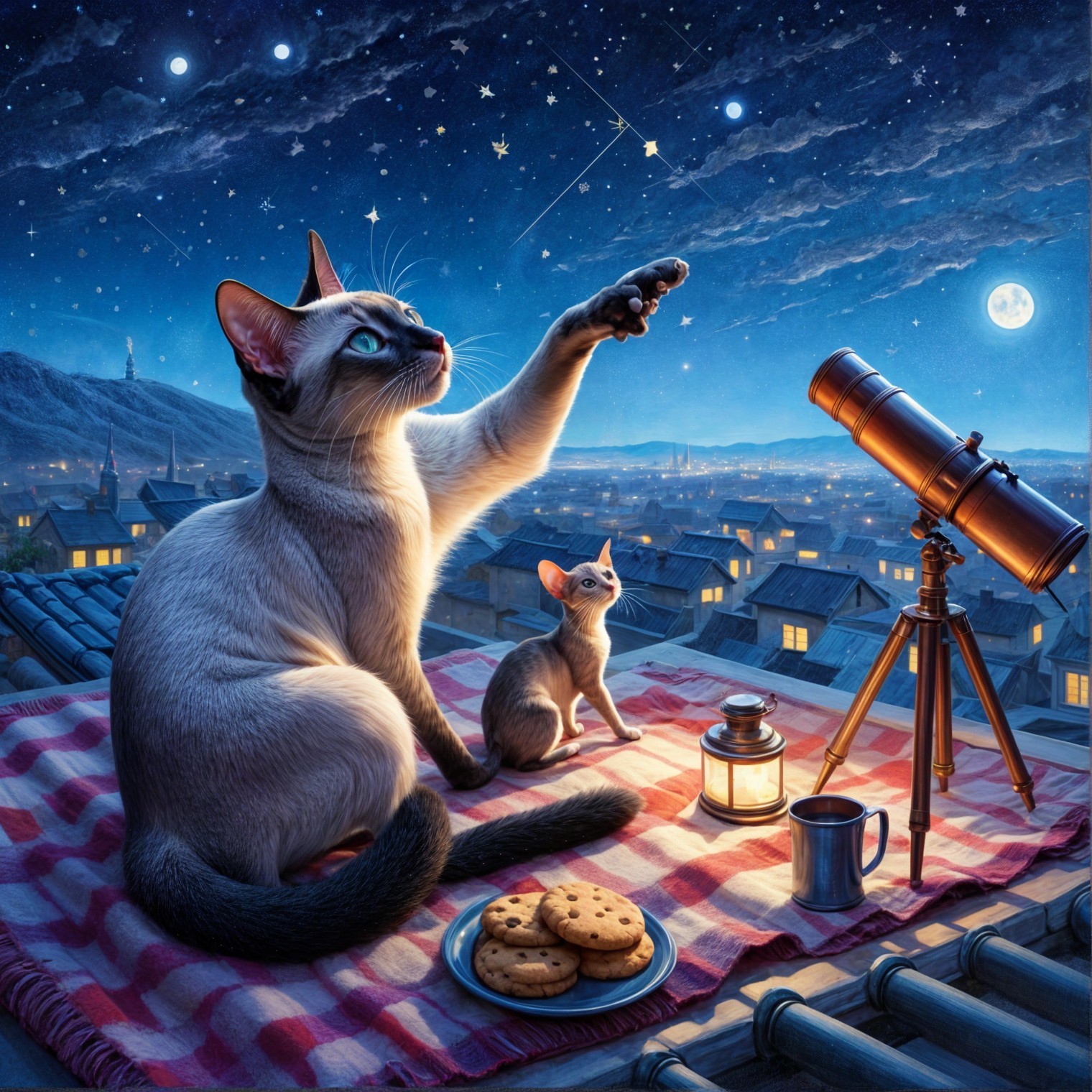 Siamese Cat and Kitten Stargazing on Rooftop