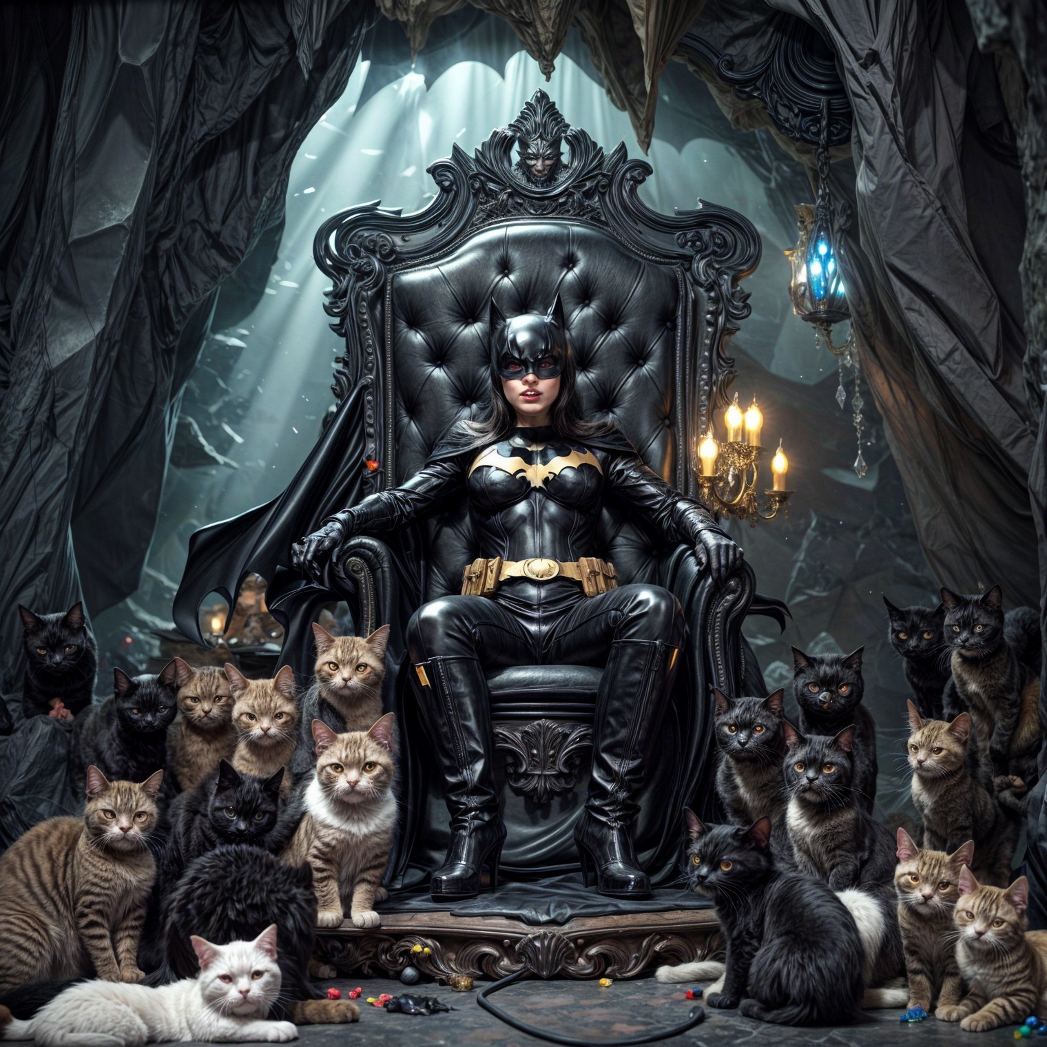 Gothic Room with Batgirl and Cats on Black Throne