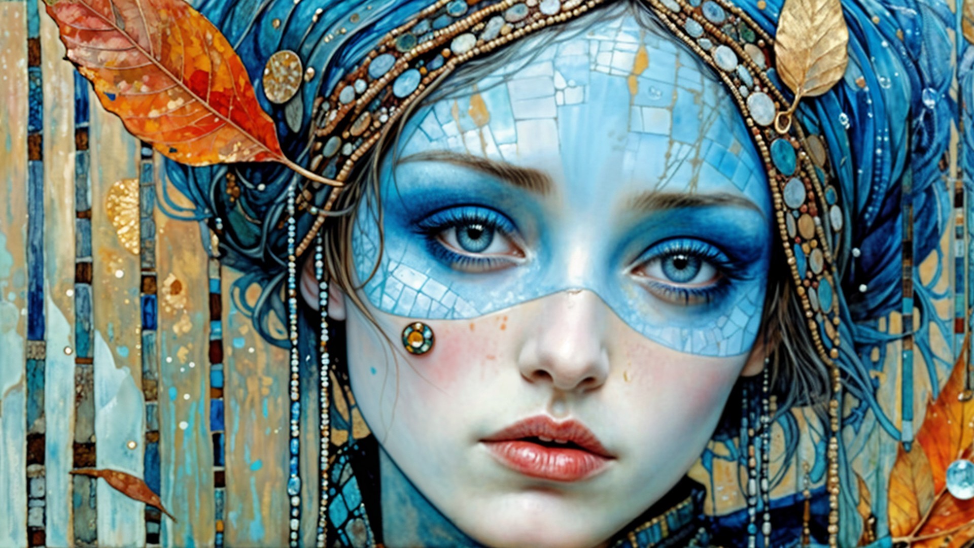 Portrait of a Young Woman with Blue Tones and Patterns