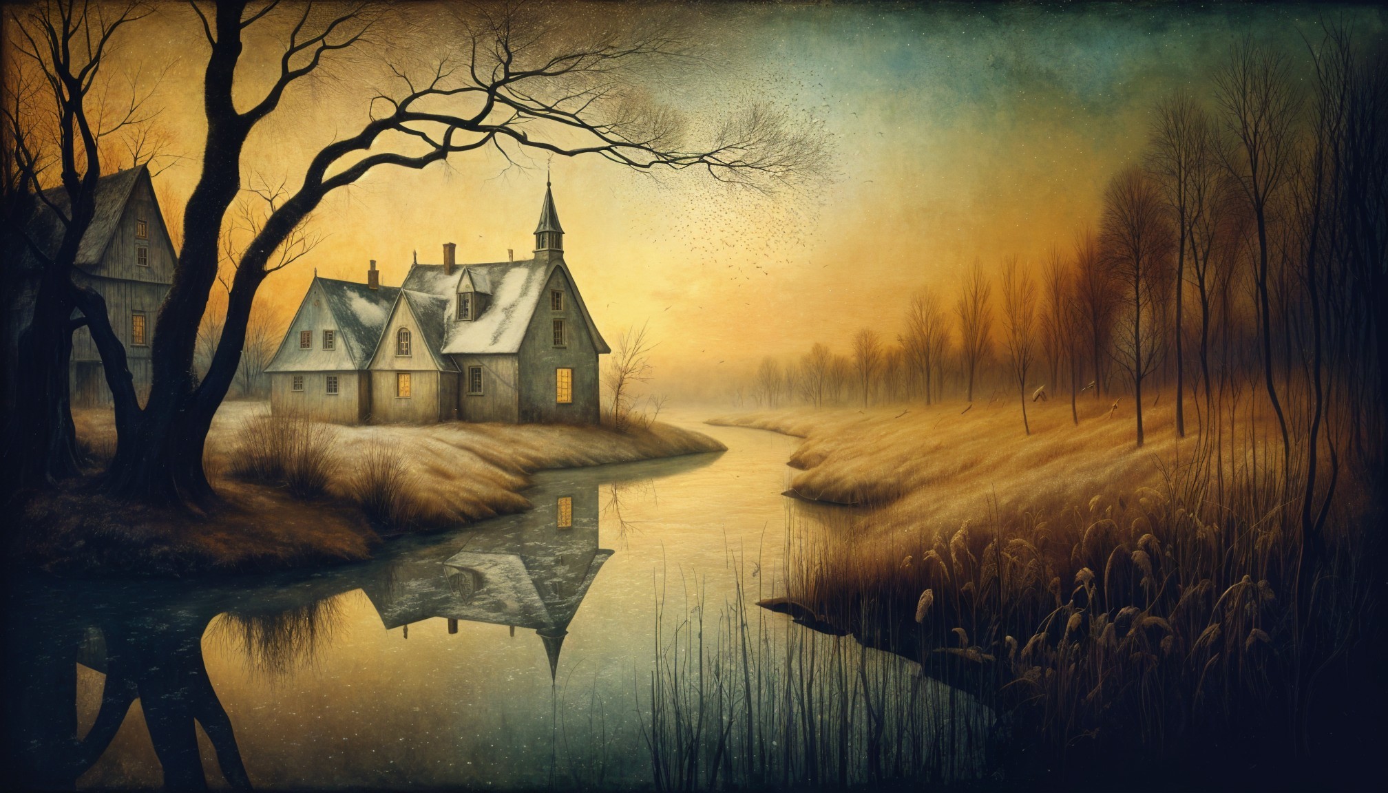 Snow-Covered House by Winding River at Sunset