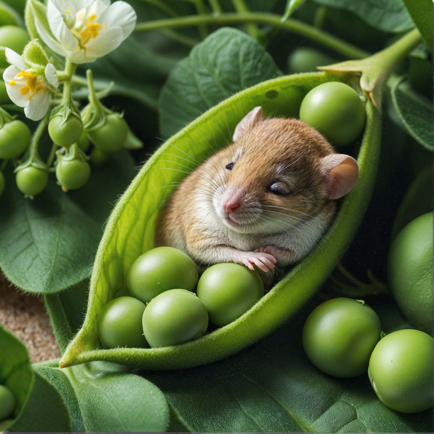 Mouse in a Pea Pod Surrounded by Green Foliage