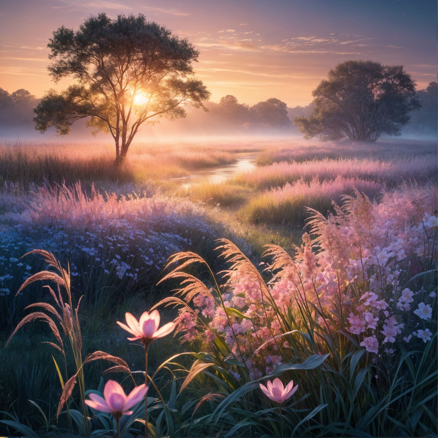 Serene Sunrise Landscape with Tranquil Stream and Mist