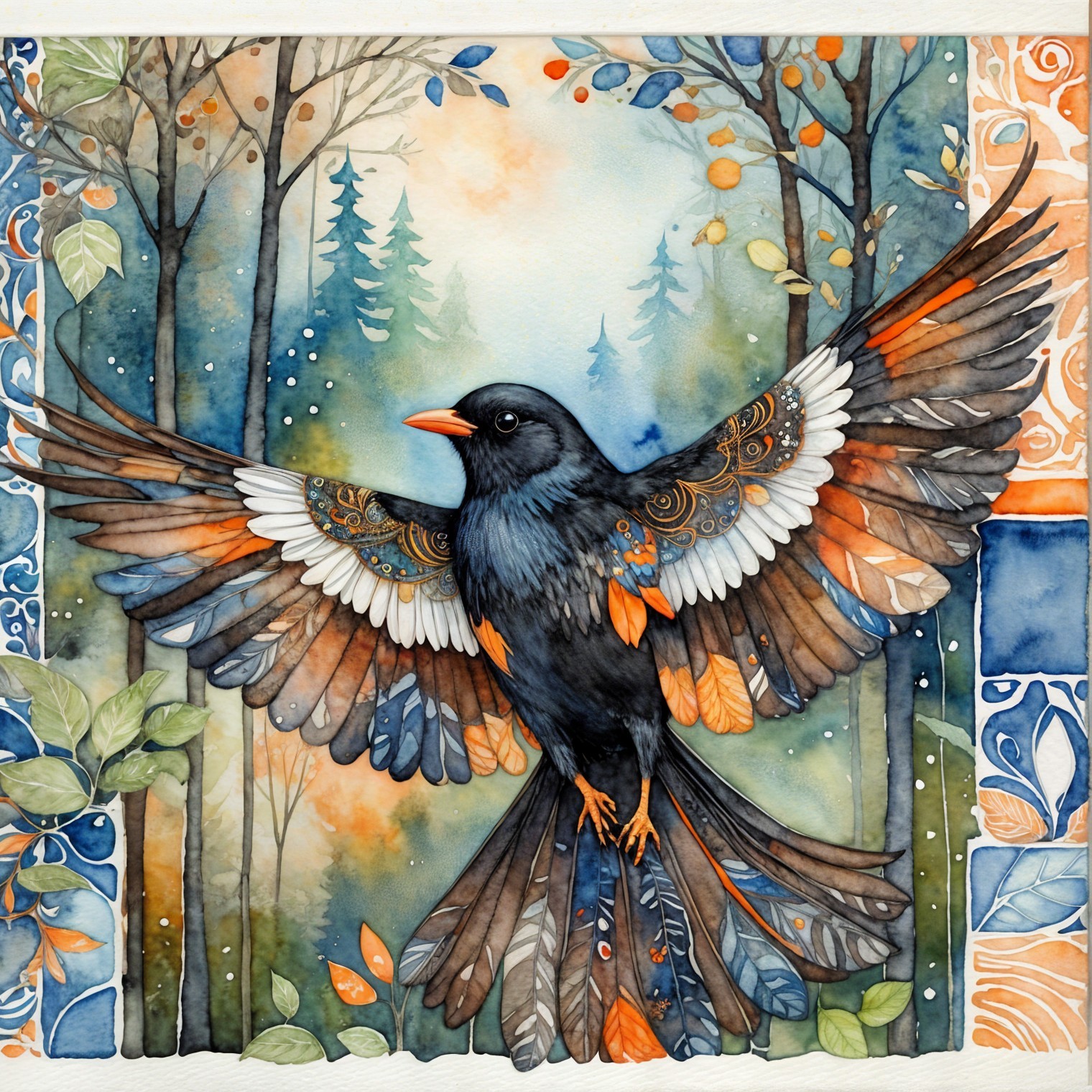 Vibrant Watercolor of Bird with Colorful Wings