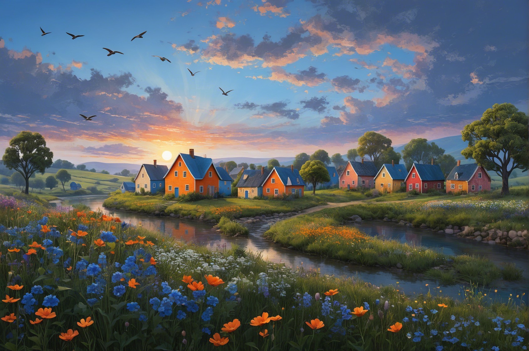 Vibrant Village by Serene River at Sunrise