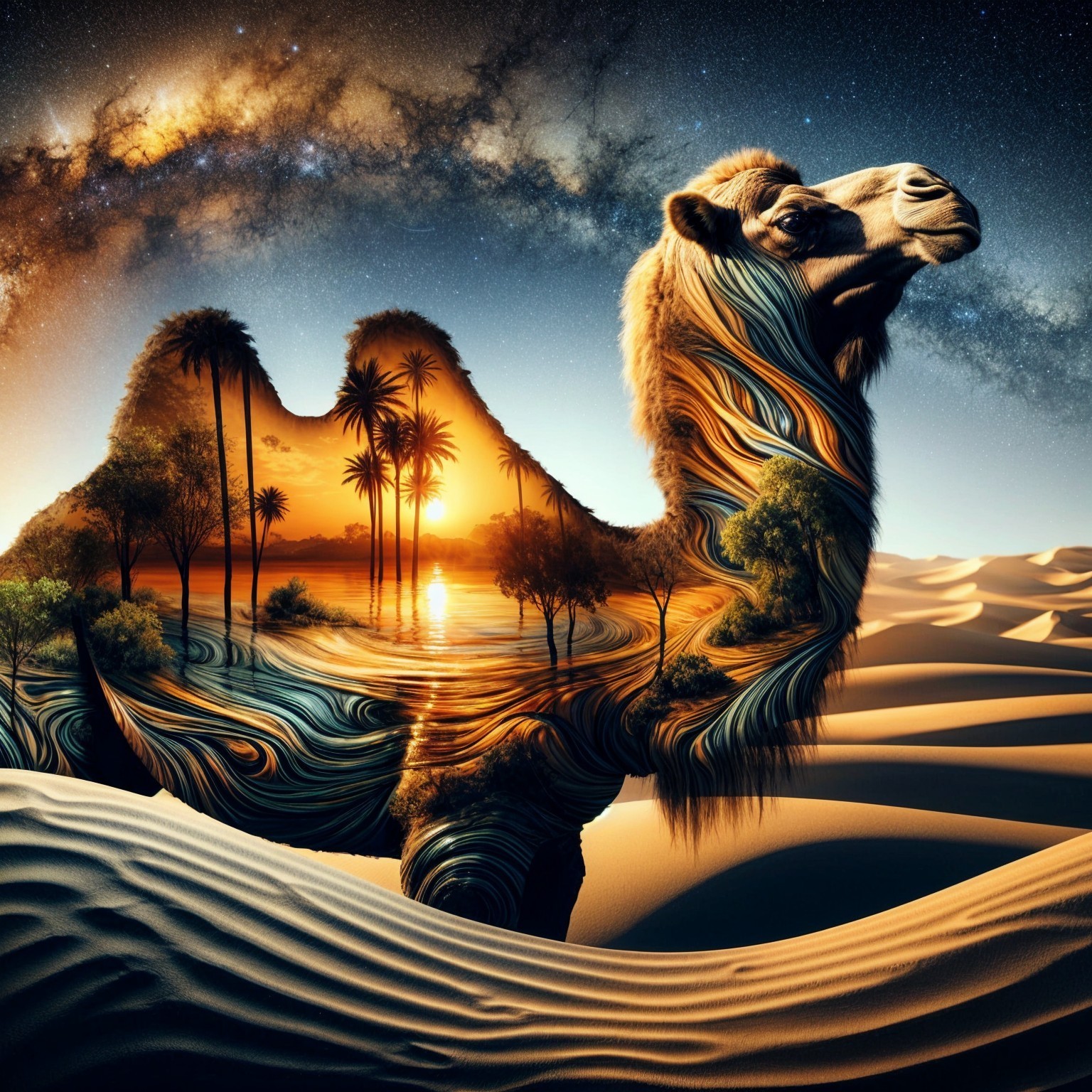 Surreal Camel Blended with Nature's Landscapes