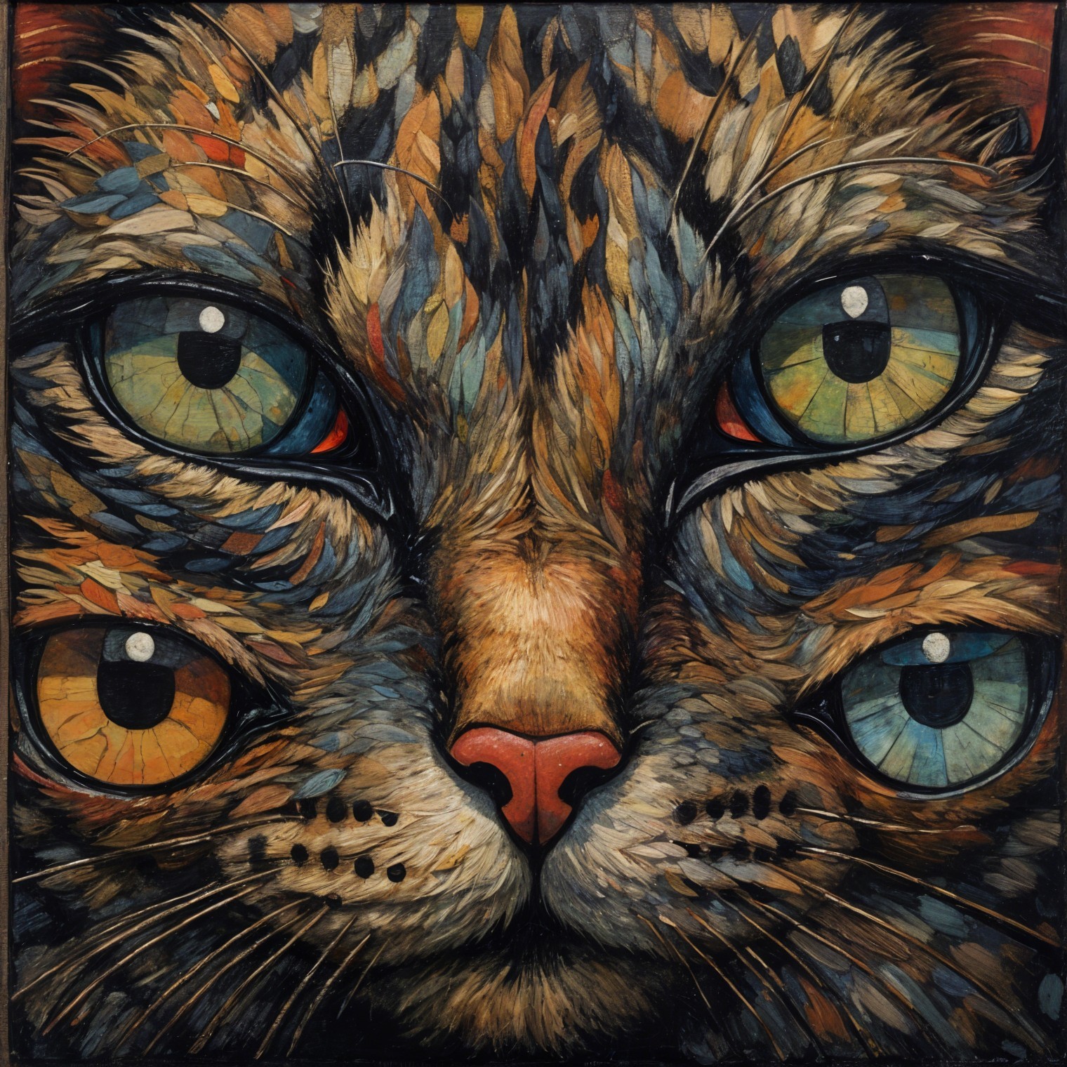 Stylized Cat Face with Vibrant Eyes and Colorful Fur