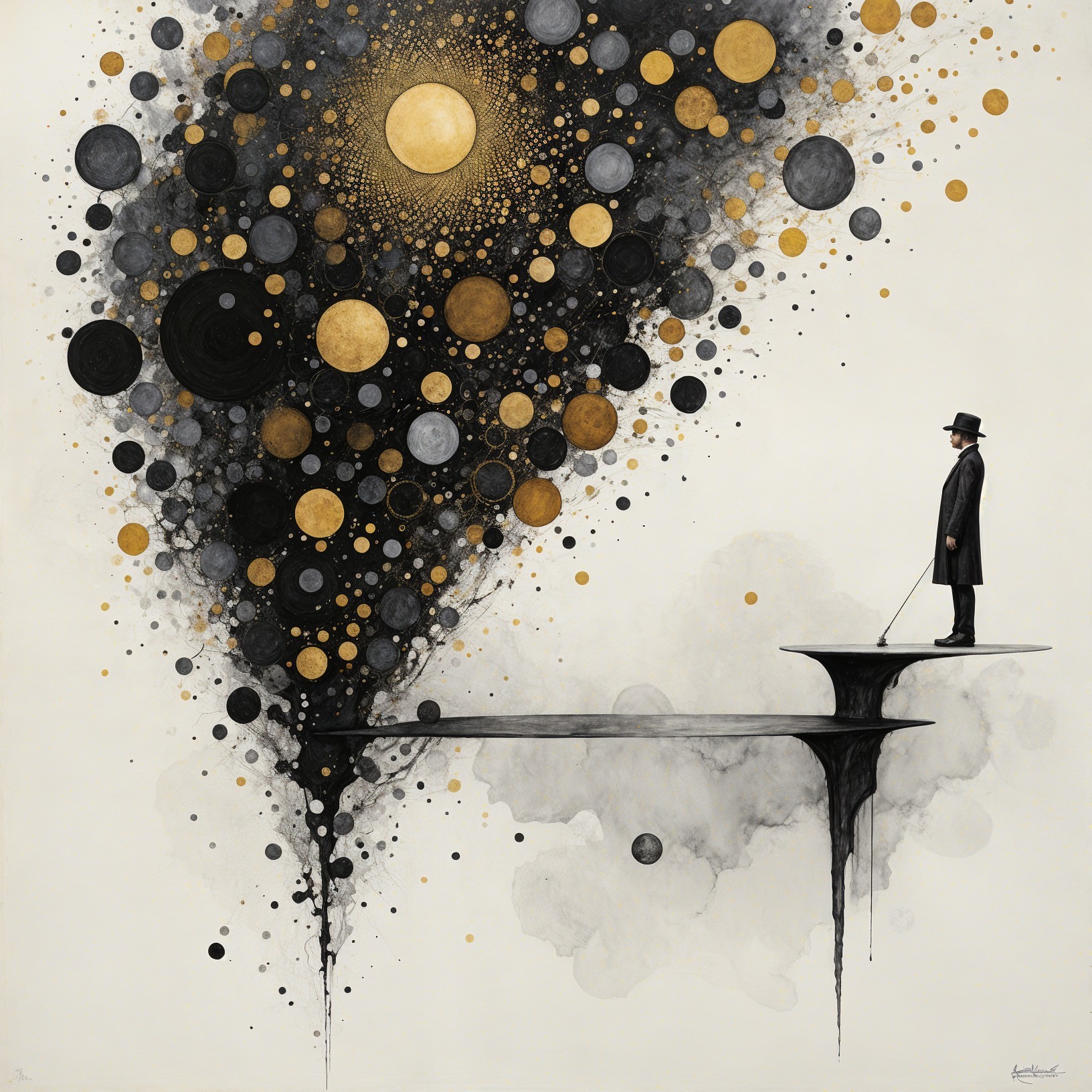 Solitary Figure on Ledge Amid Surreal Cosmic Scene