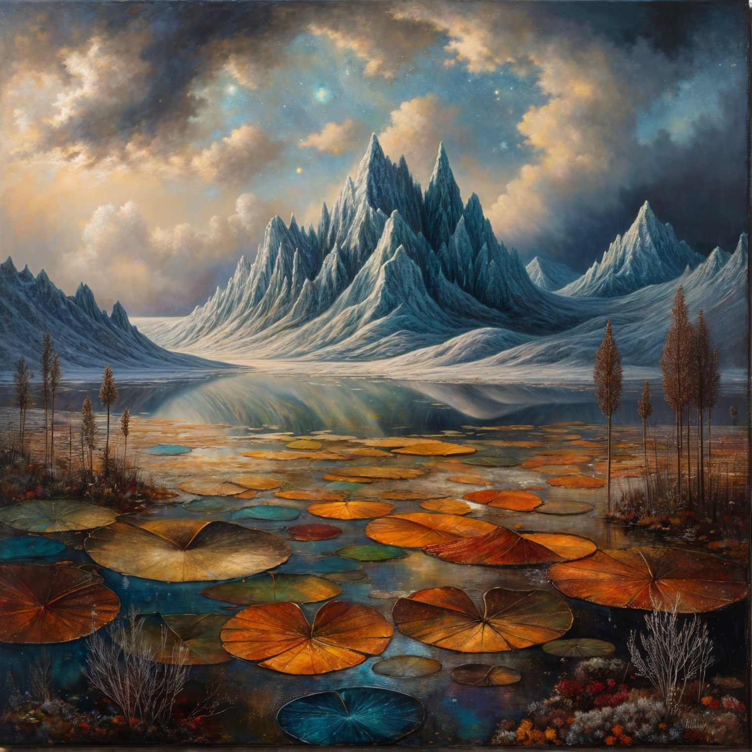 Tranquil lake with lily pads and majestic mountains