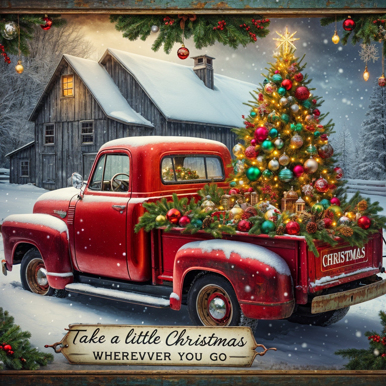 Vintage Red Truck with Christmas Tree in Snowy Scene