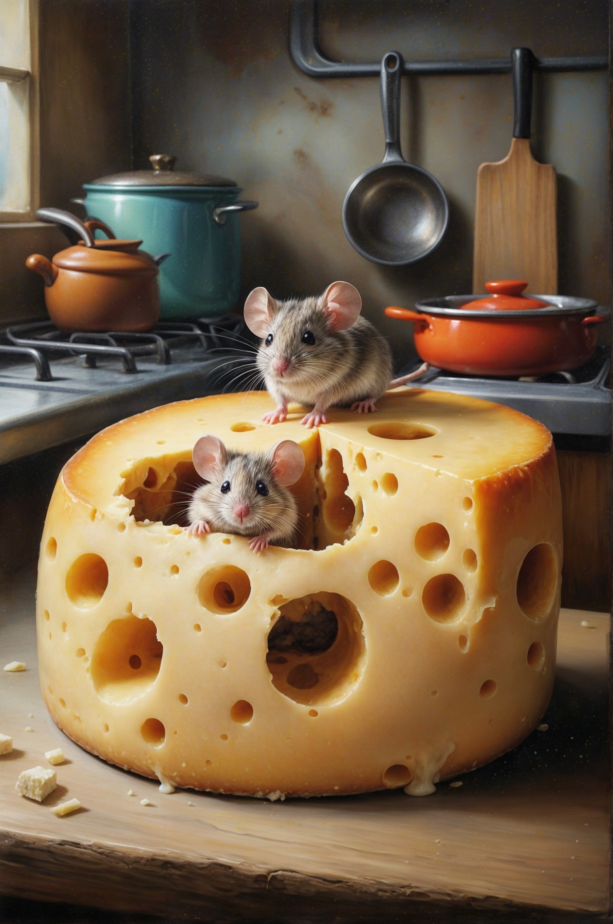 Cozy Kitchen with Mice and Cheese Wheel Scene