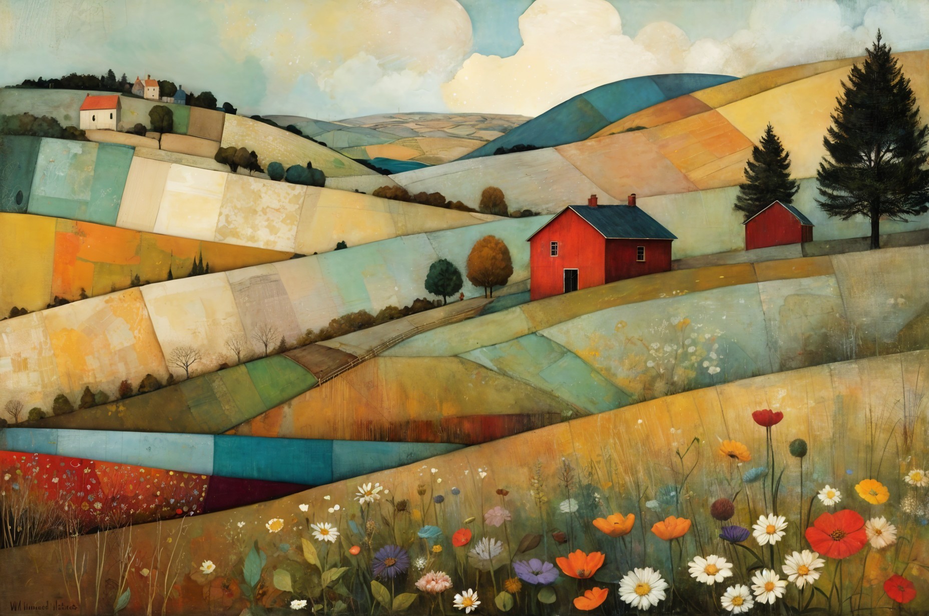 Vibrant Landscape with Colorful Fields and Hills