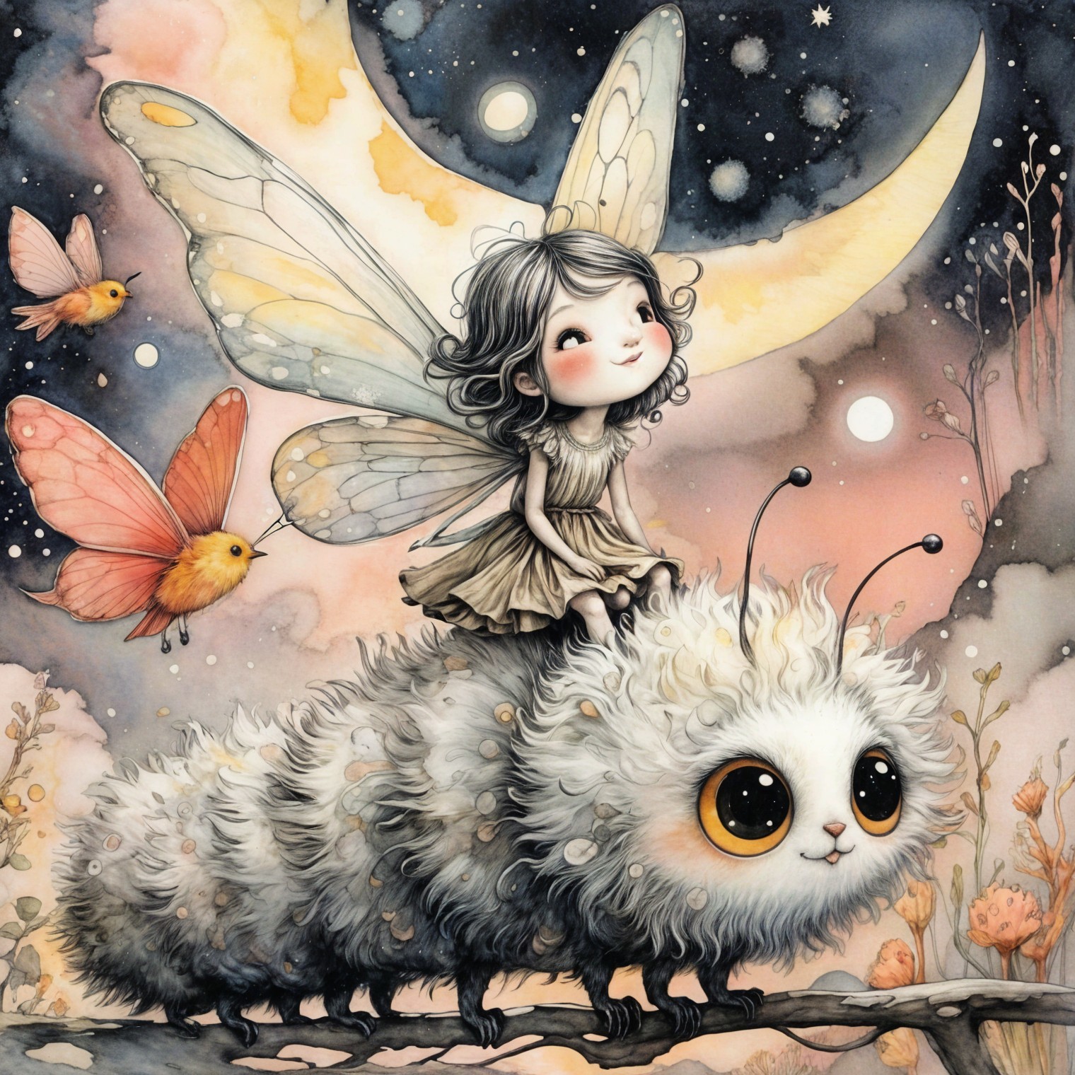 Whimsical Scene of Girl with Butterfly Wings and Caterpillar