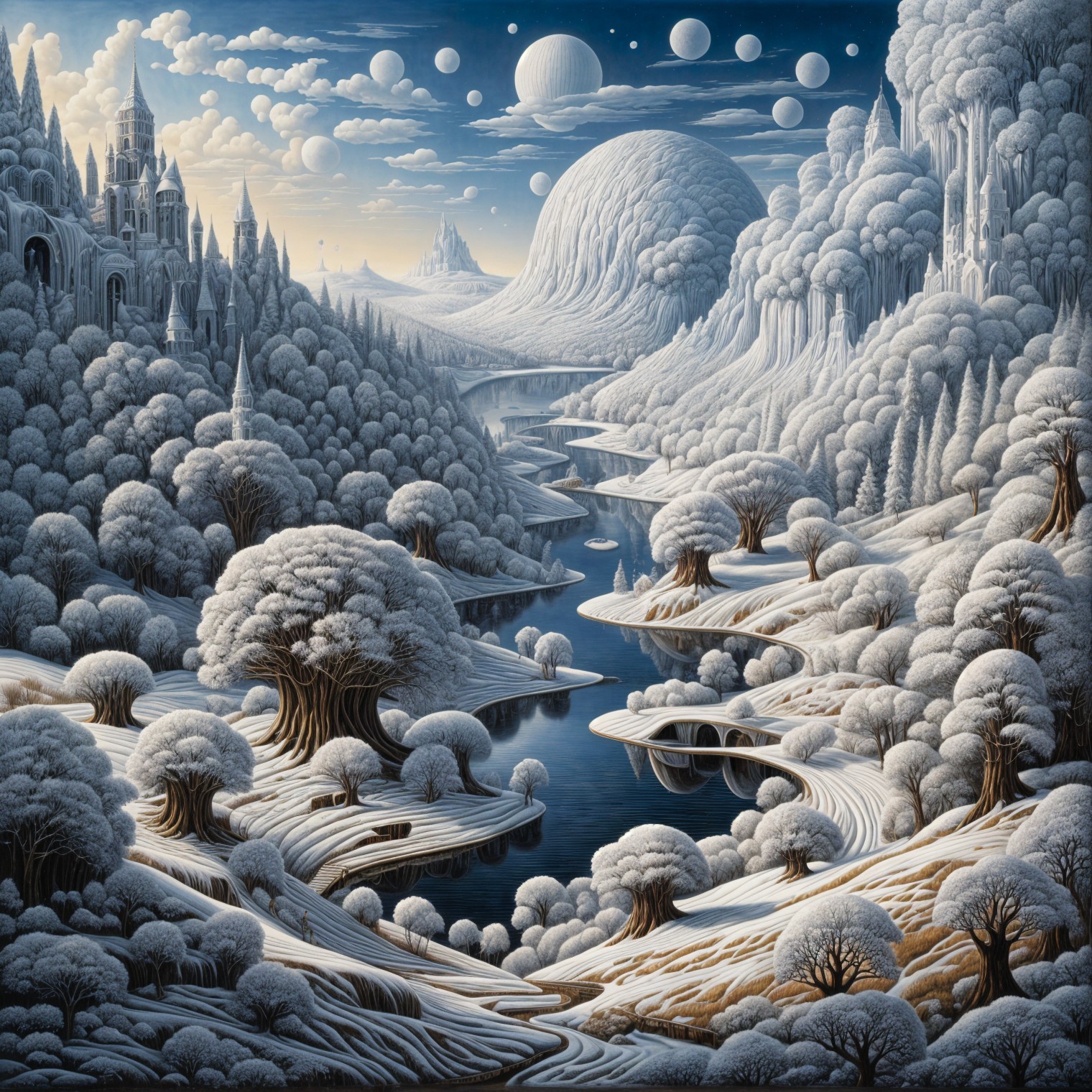 Surreal Landscape with Snowy Mountains and Castles