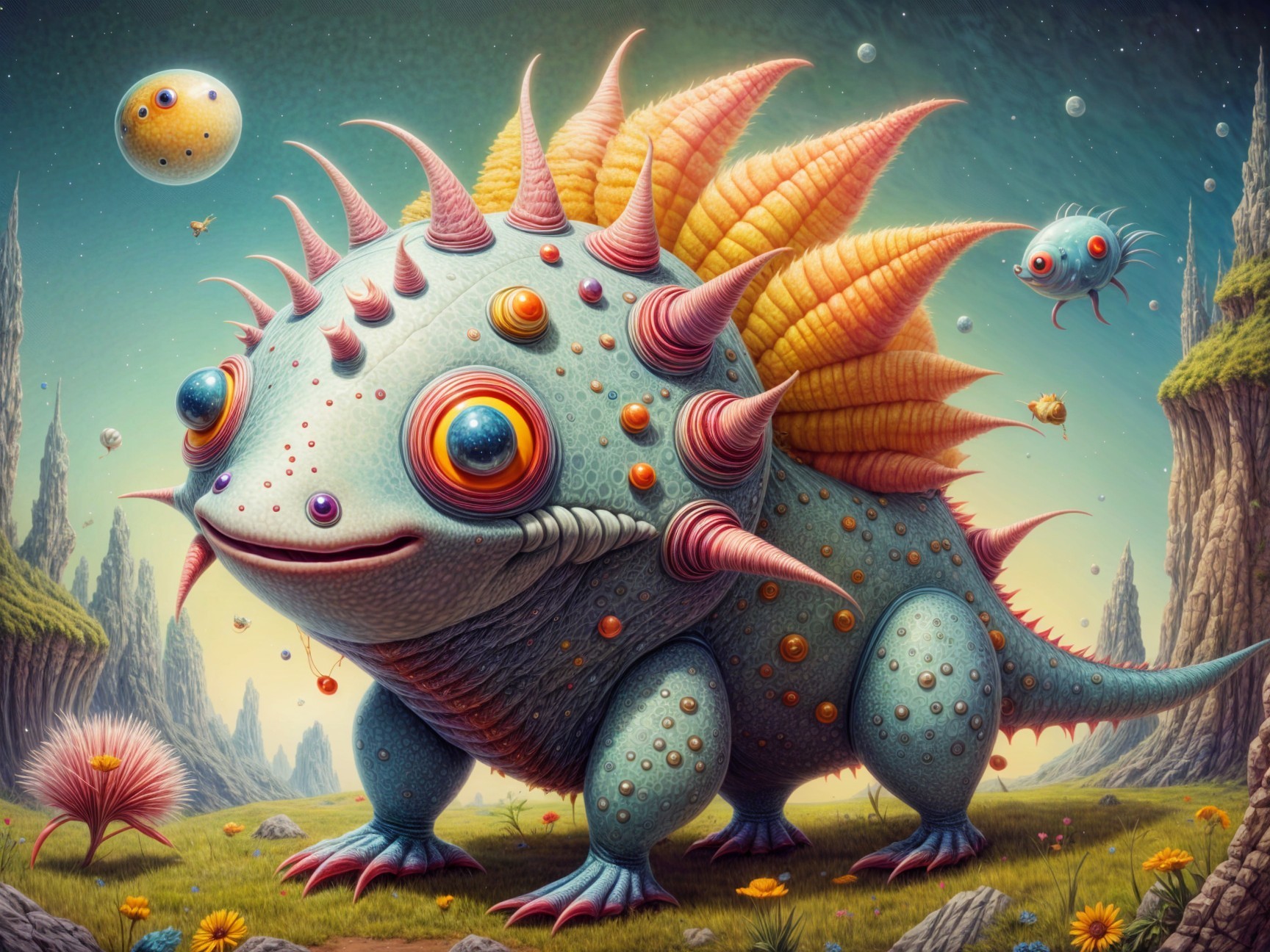 Whimsical Lizard Creature in Fantastical Landscape