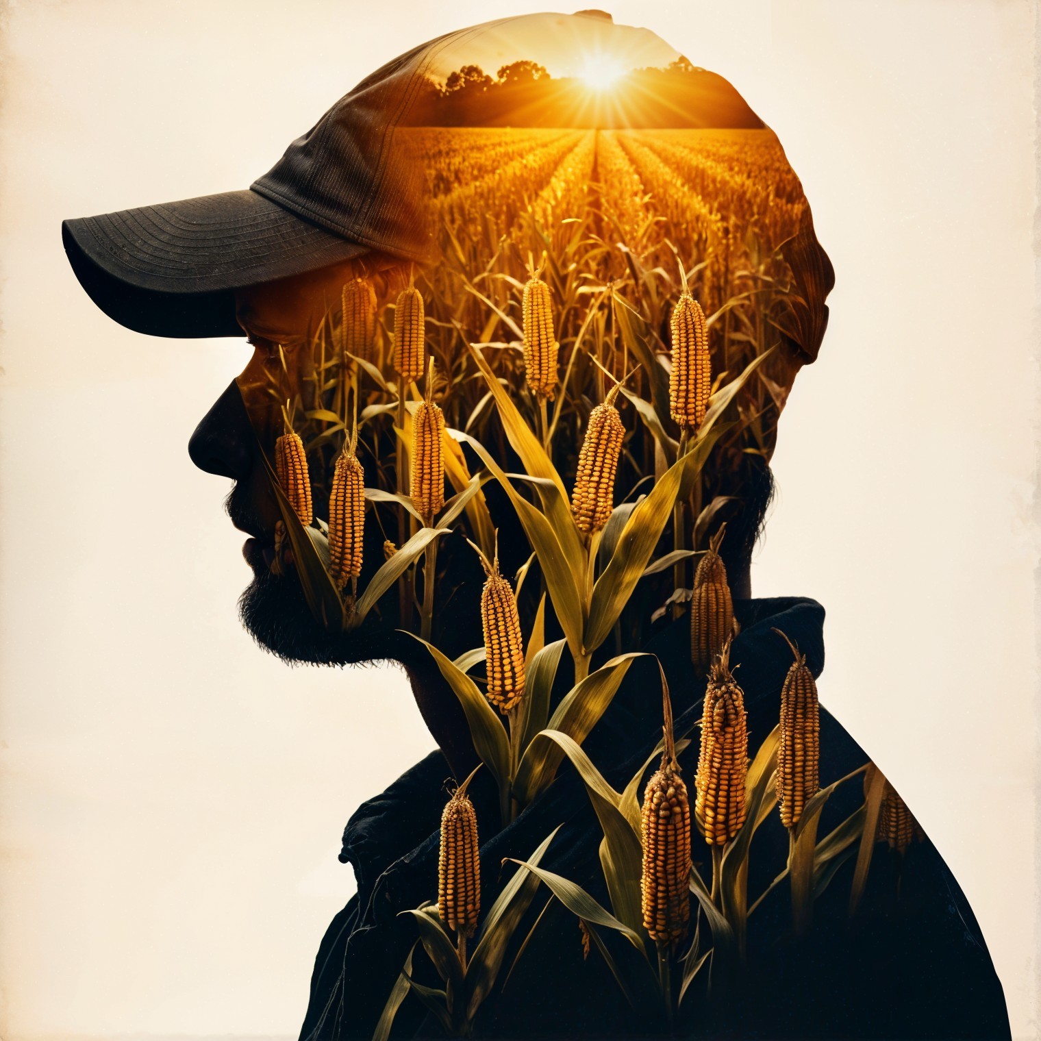 Silhouette with Cornfields at Sunset in Double Exposure