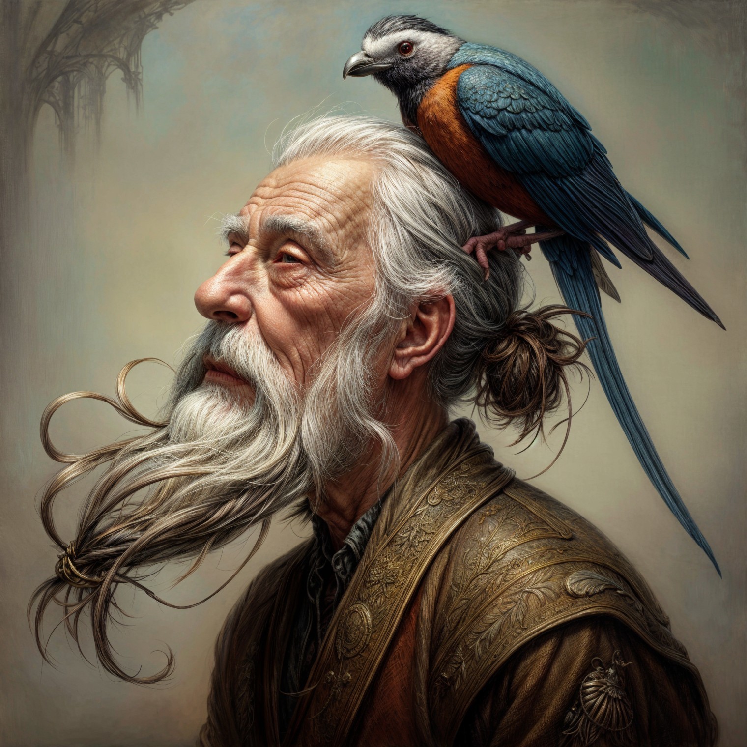 Wise Old Man with Colorful Bird and Intricate Robe
