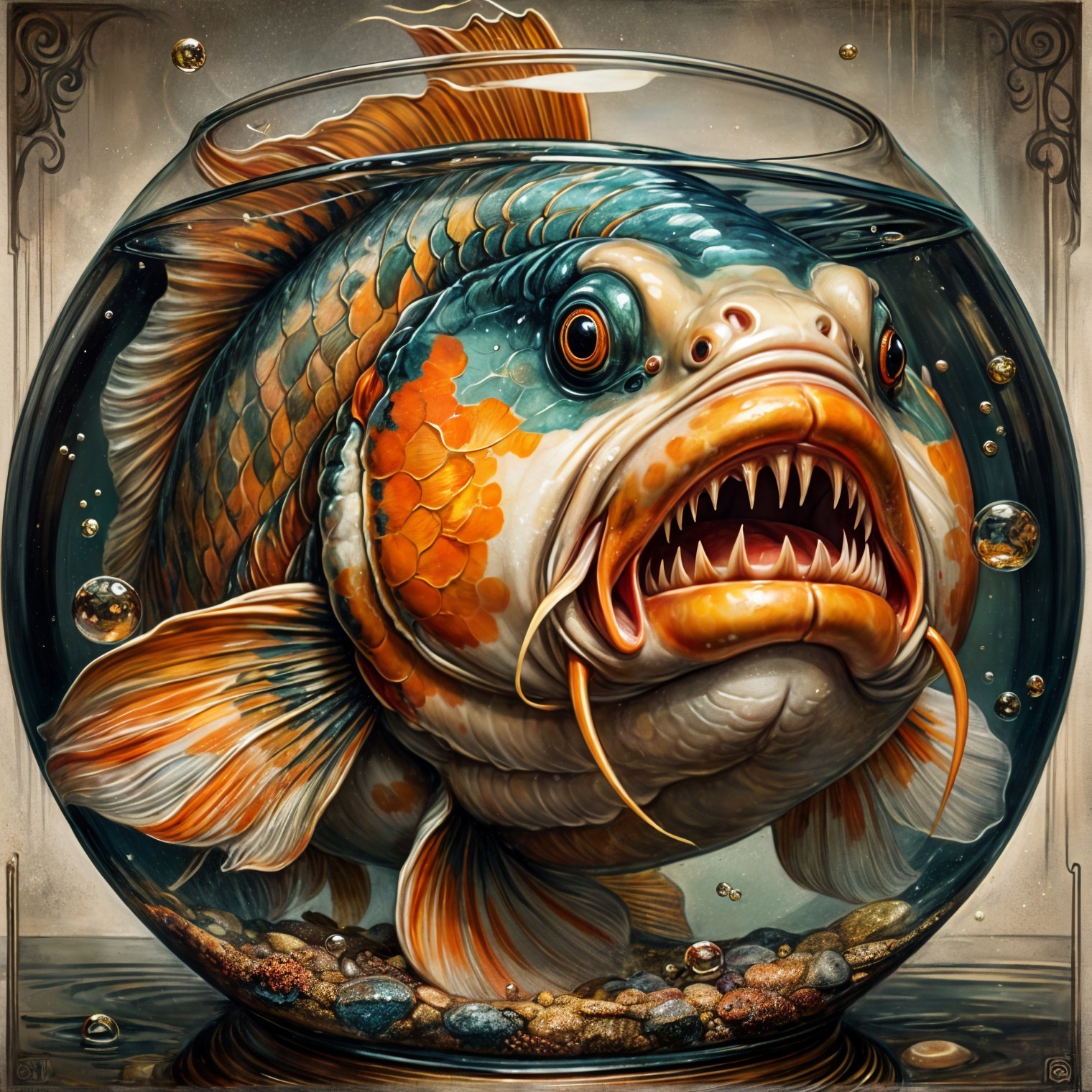 Oversized Goldfish in a Glass Bowl with Bubbles