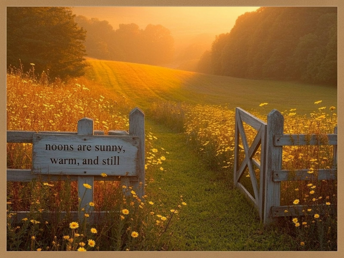 Serene Sunset Landscape with Wooden Gate and Wildflowers
