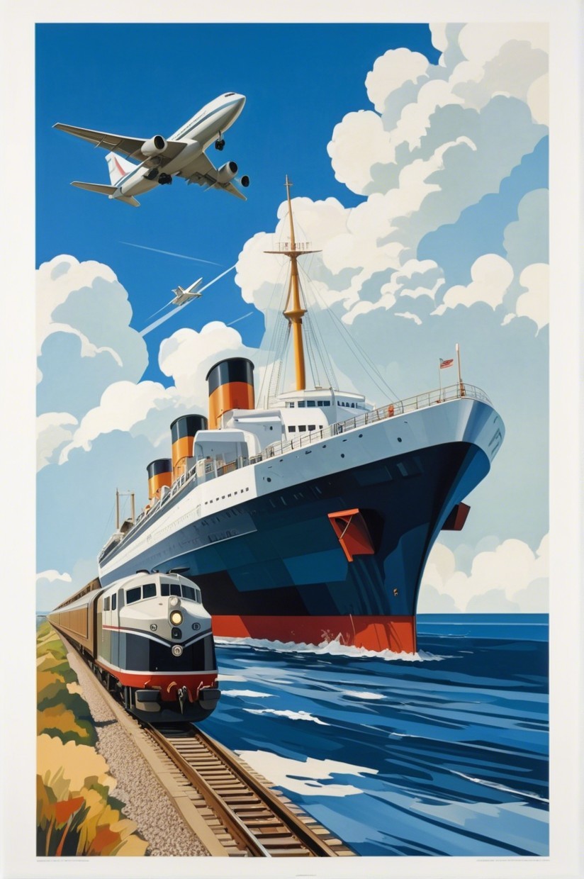 Vibrant Artwork of Ocean Liner, Planes, and Train