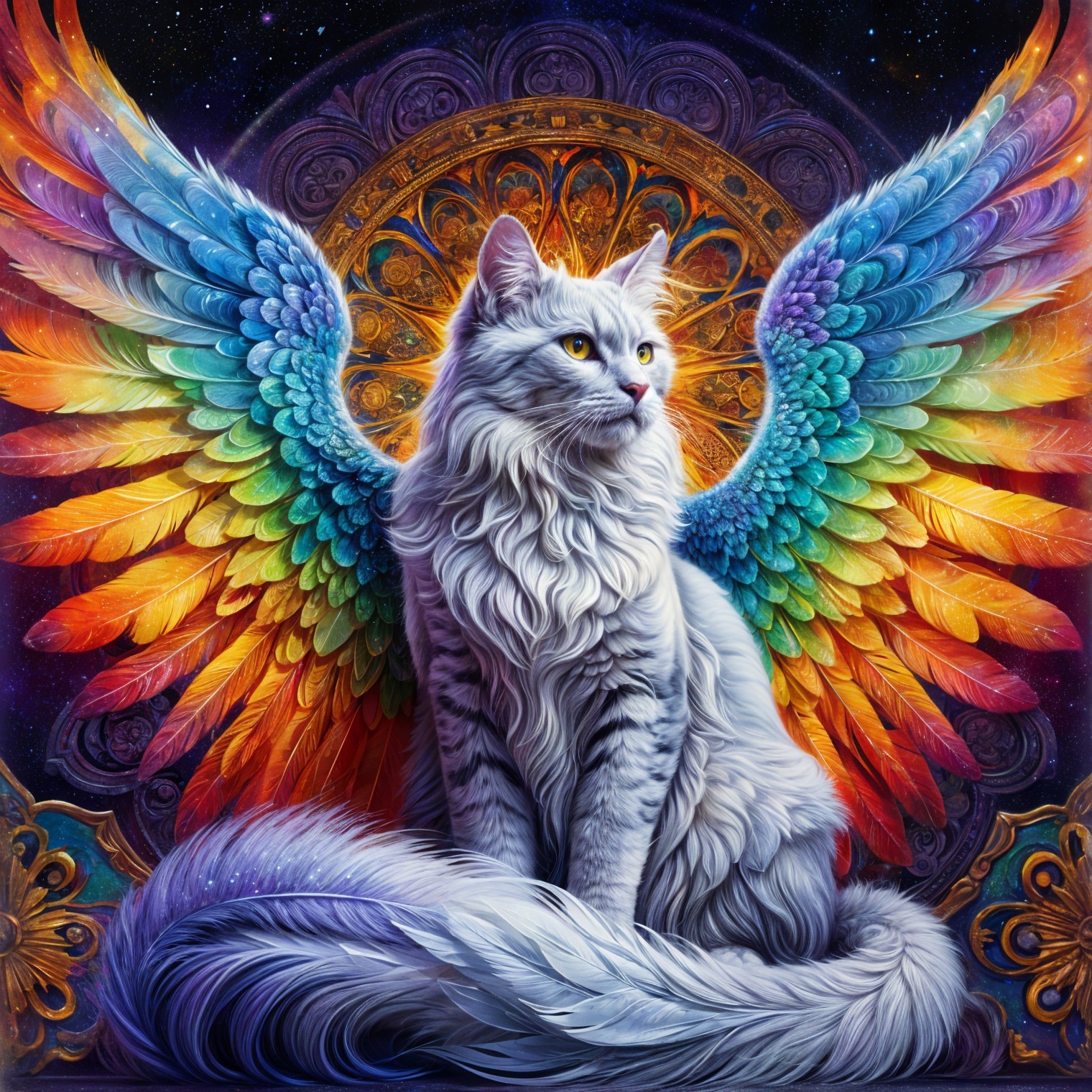Majestic white cat with colorful feathered wings