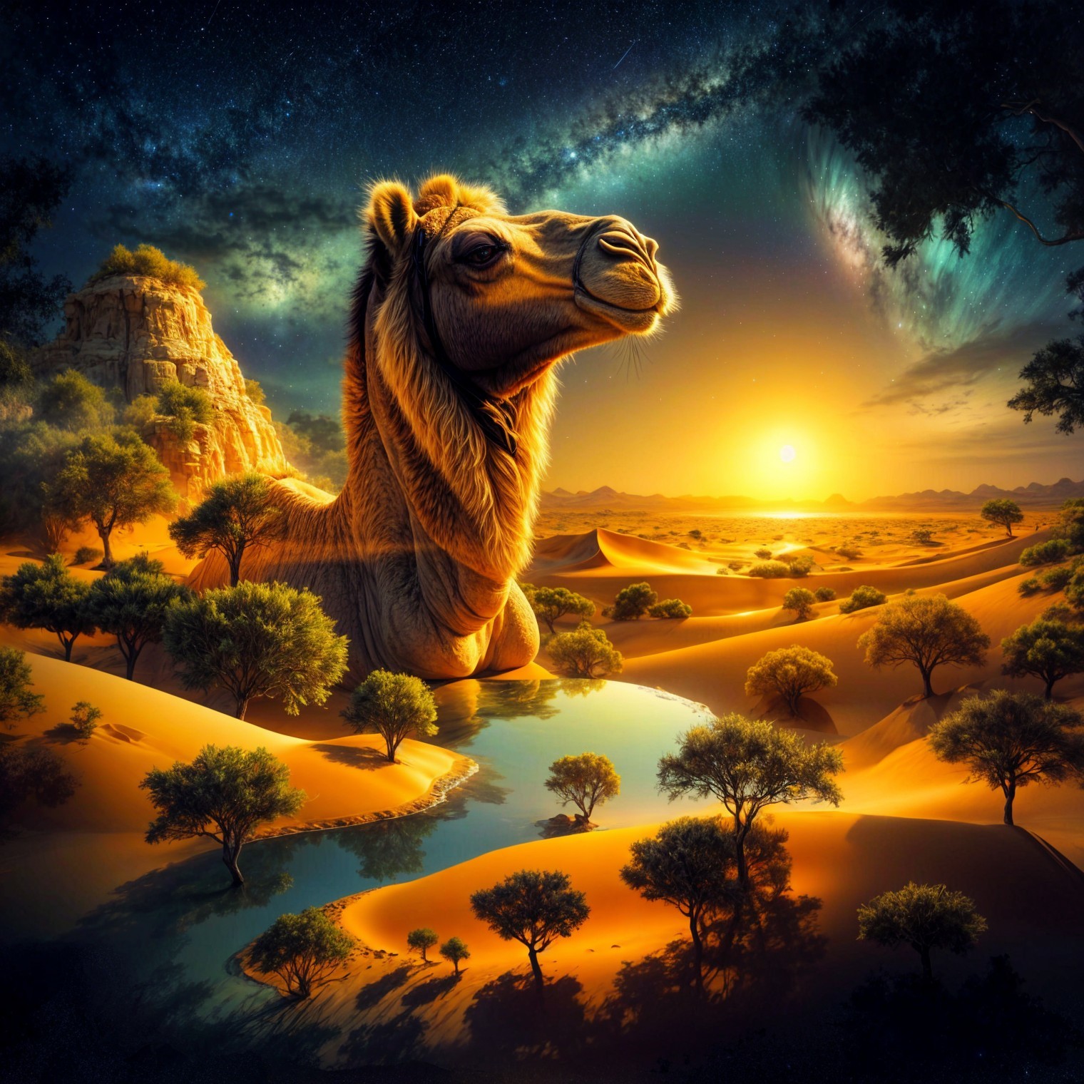 Camel in Desert Landscape at Sunset with Galaxy