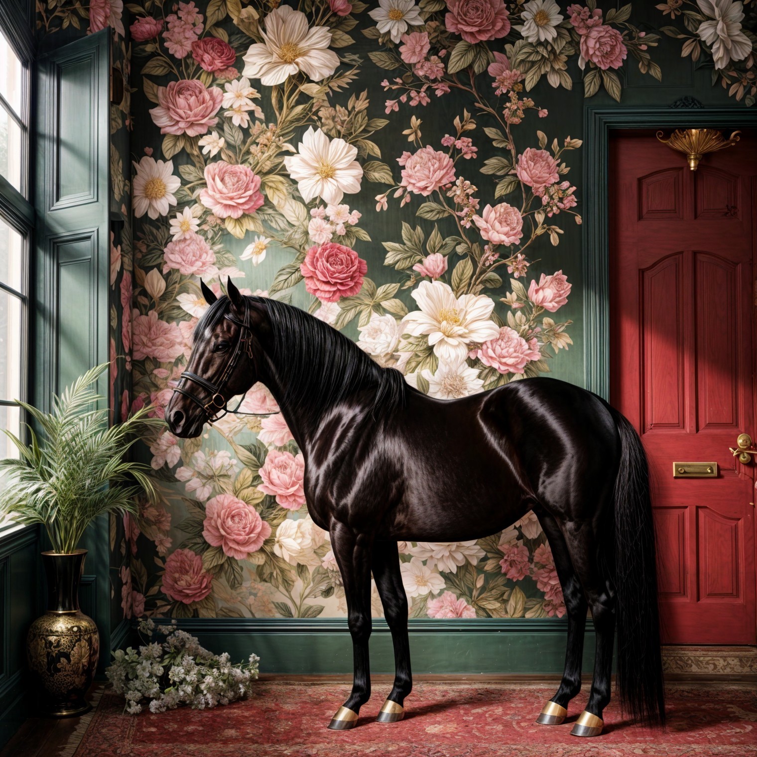 Black Horse Against Floral Wallpaper and Red Door
