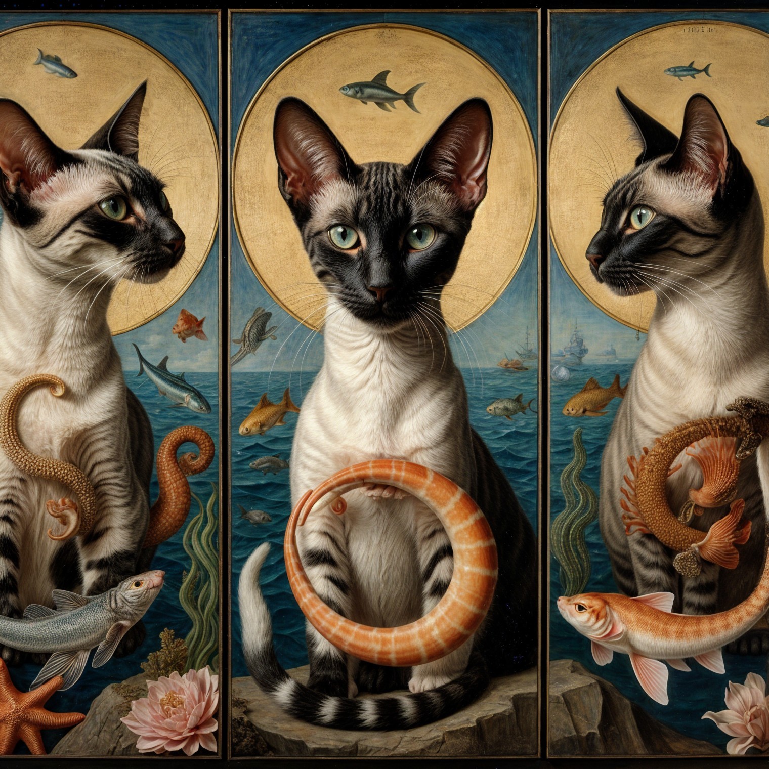 Triptych Artwork of Majestic Cat in Oceanic Setting