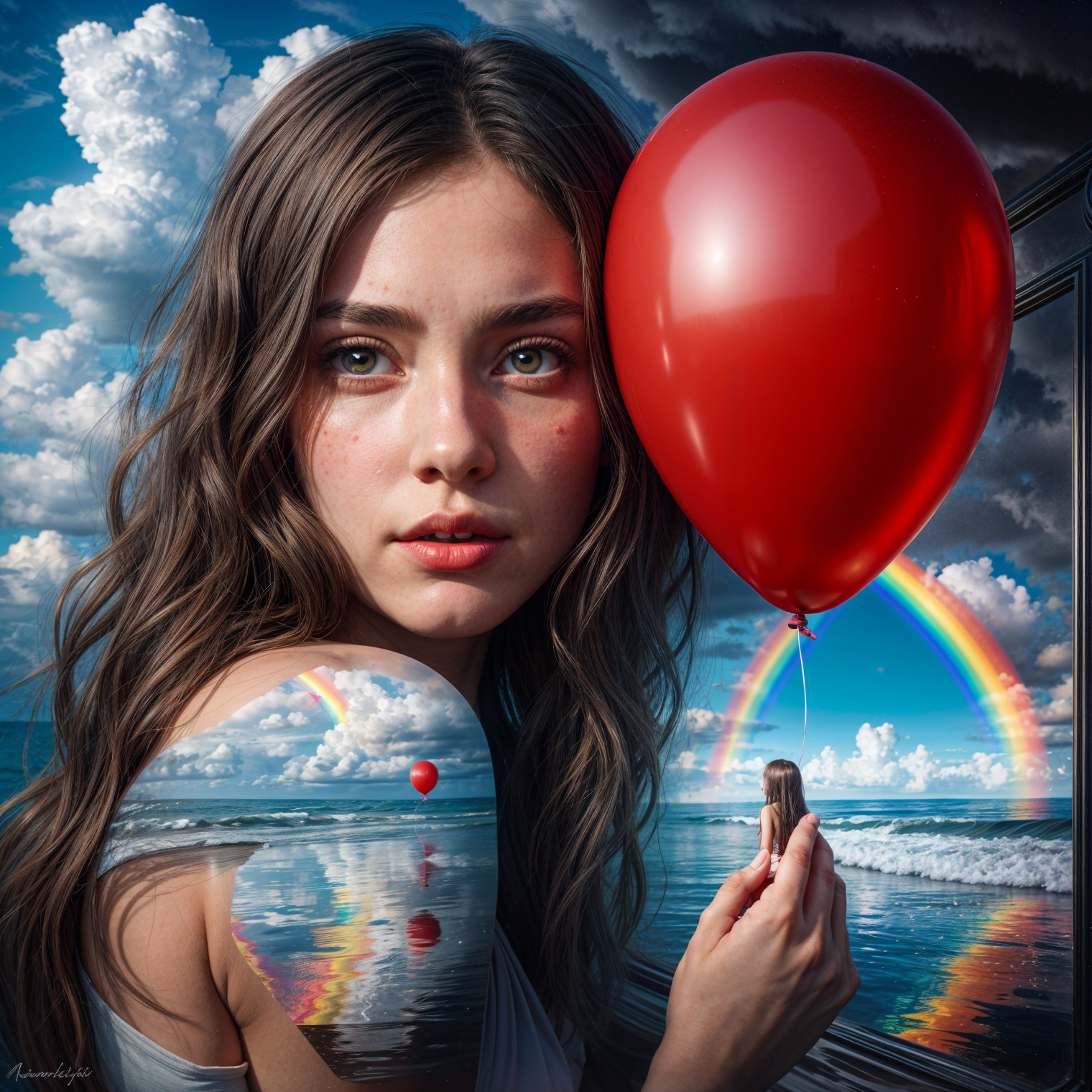 Young woman with red balloon in dreamy beach reflection