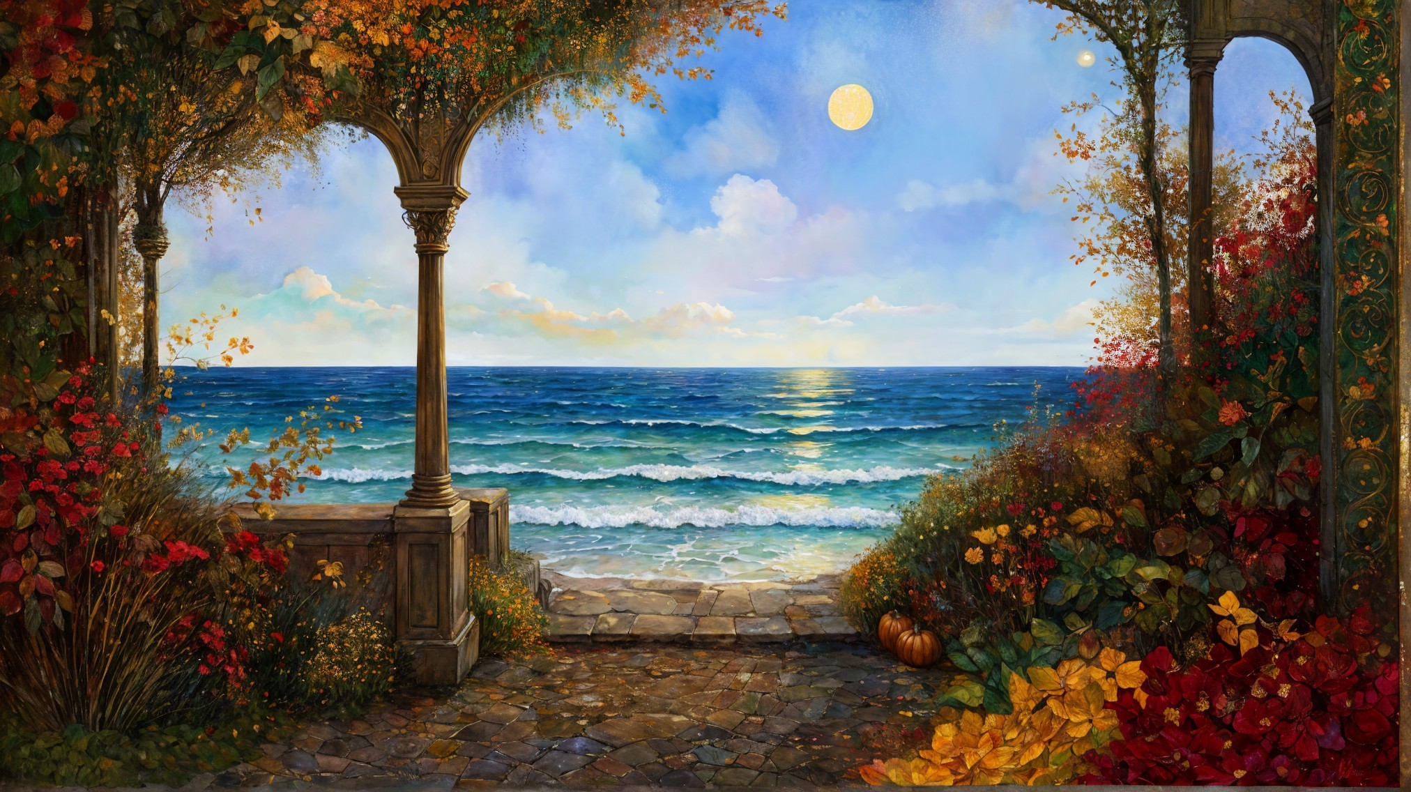 Coastal Scene with Autumn Foliage and Moonlit Sky