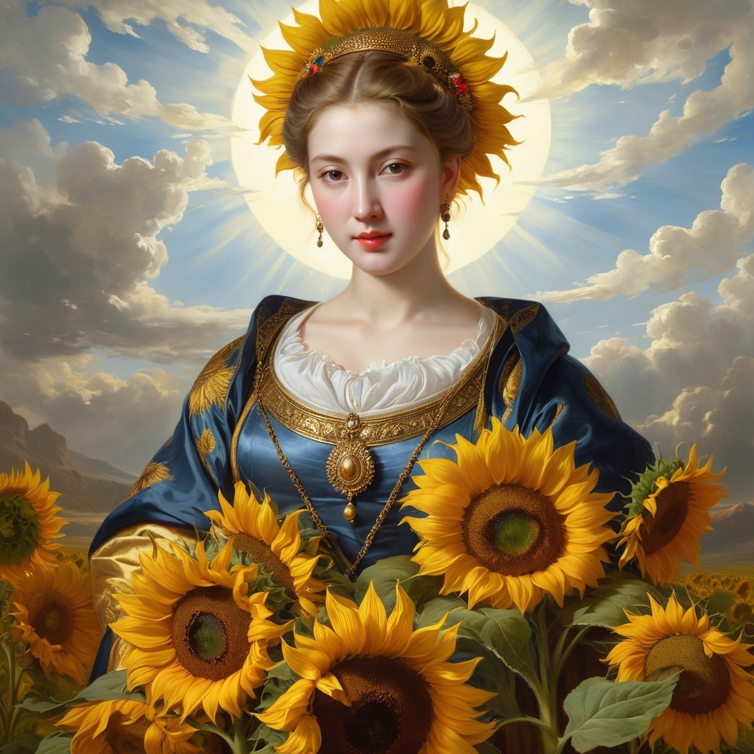 Serene Woman in Blue Gown Surrounded by Sunflowers