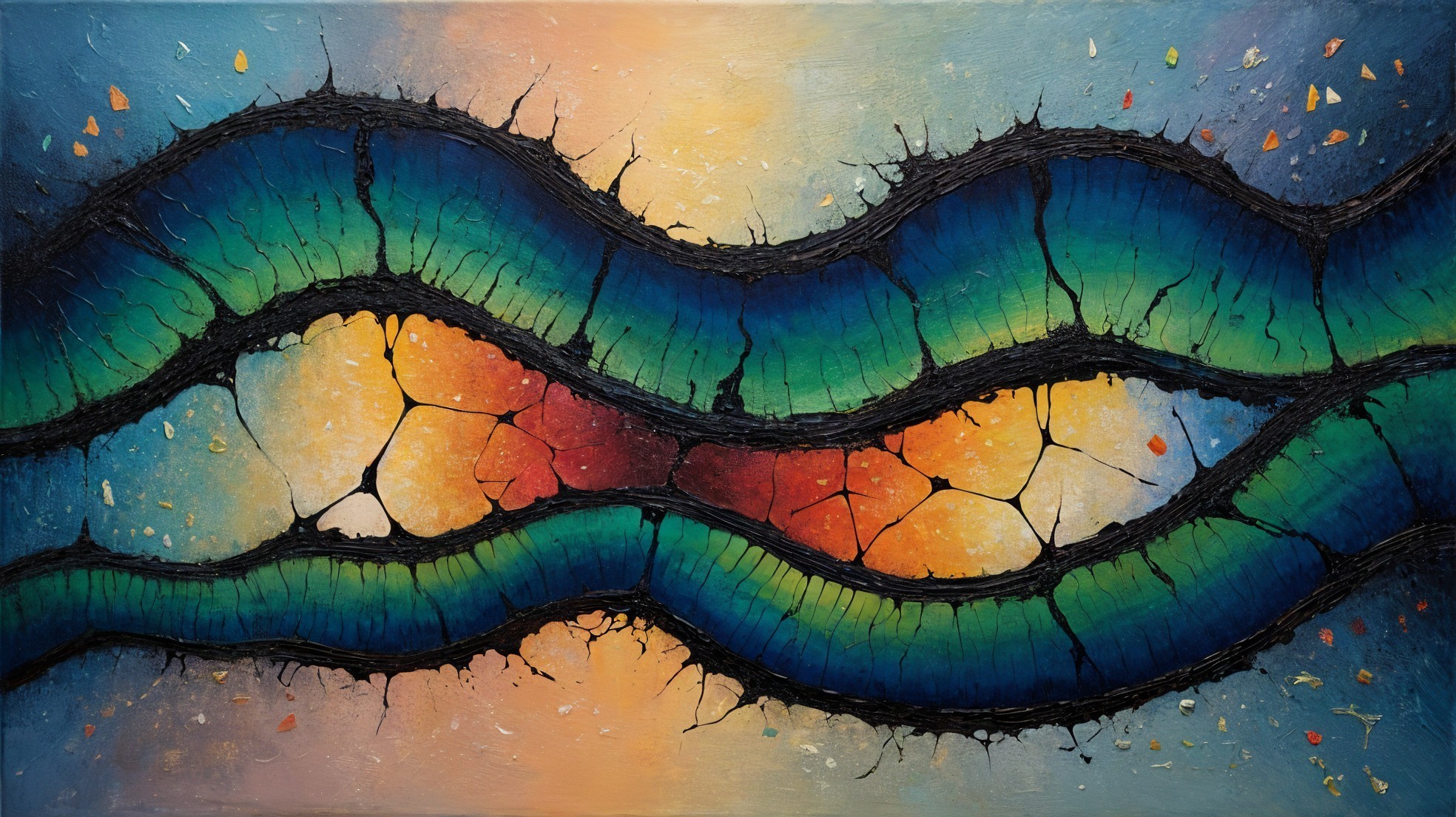 Abstract Painting with Wavy Blue and Green Bands