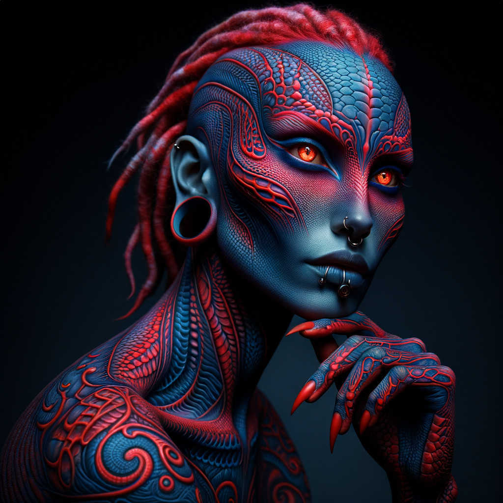 Intricate Body Art with Bright Colors and Unique Features