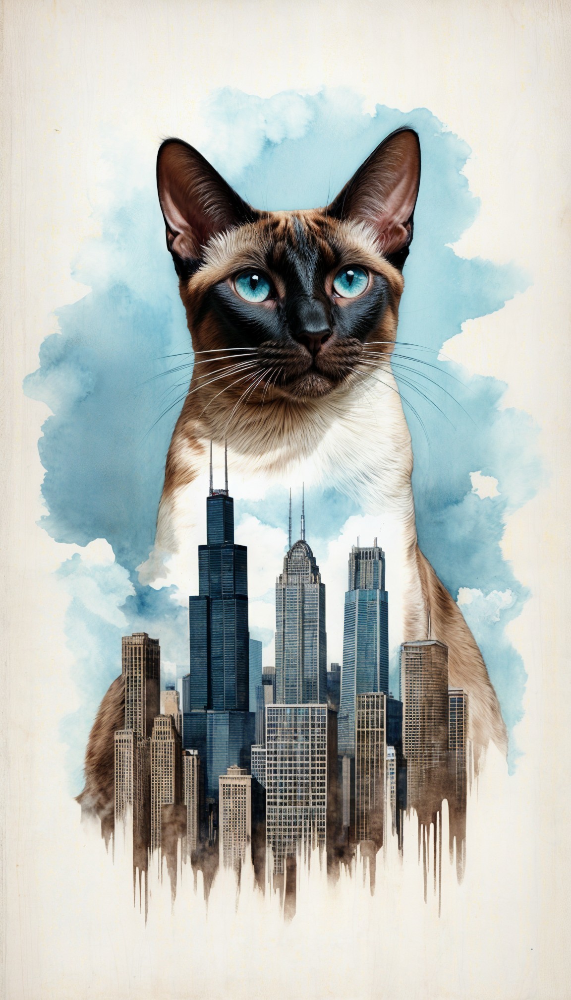 Siamese Cat with Blue Eyes Against City Skyline