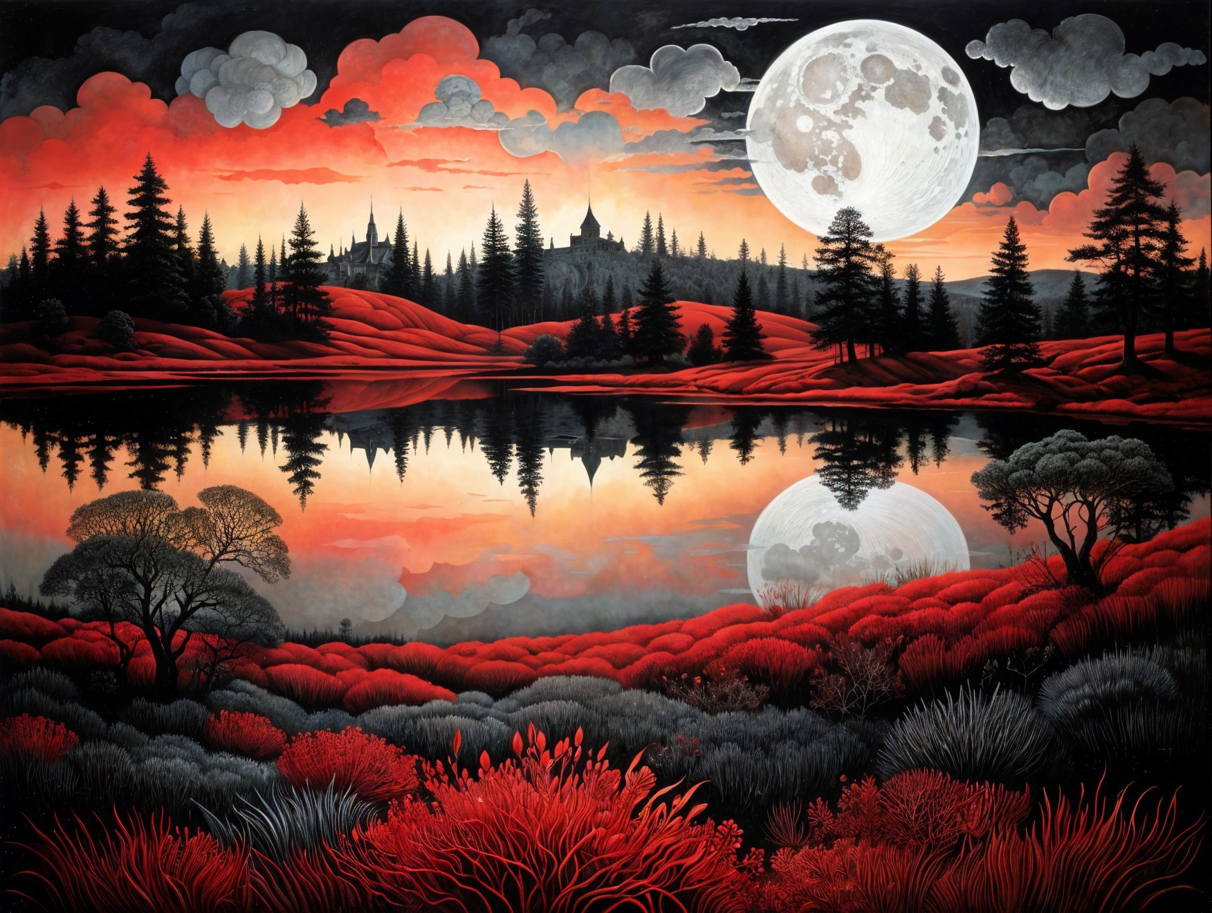 Surreal Landscape with Vibrant Sunset and Moonlit Lake