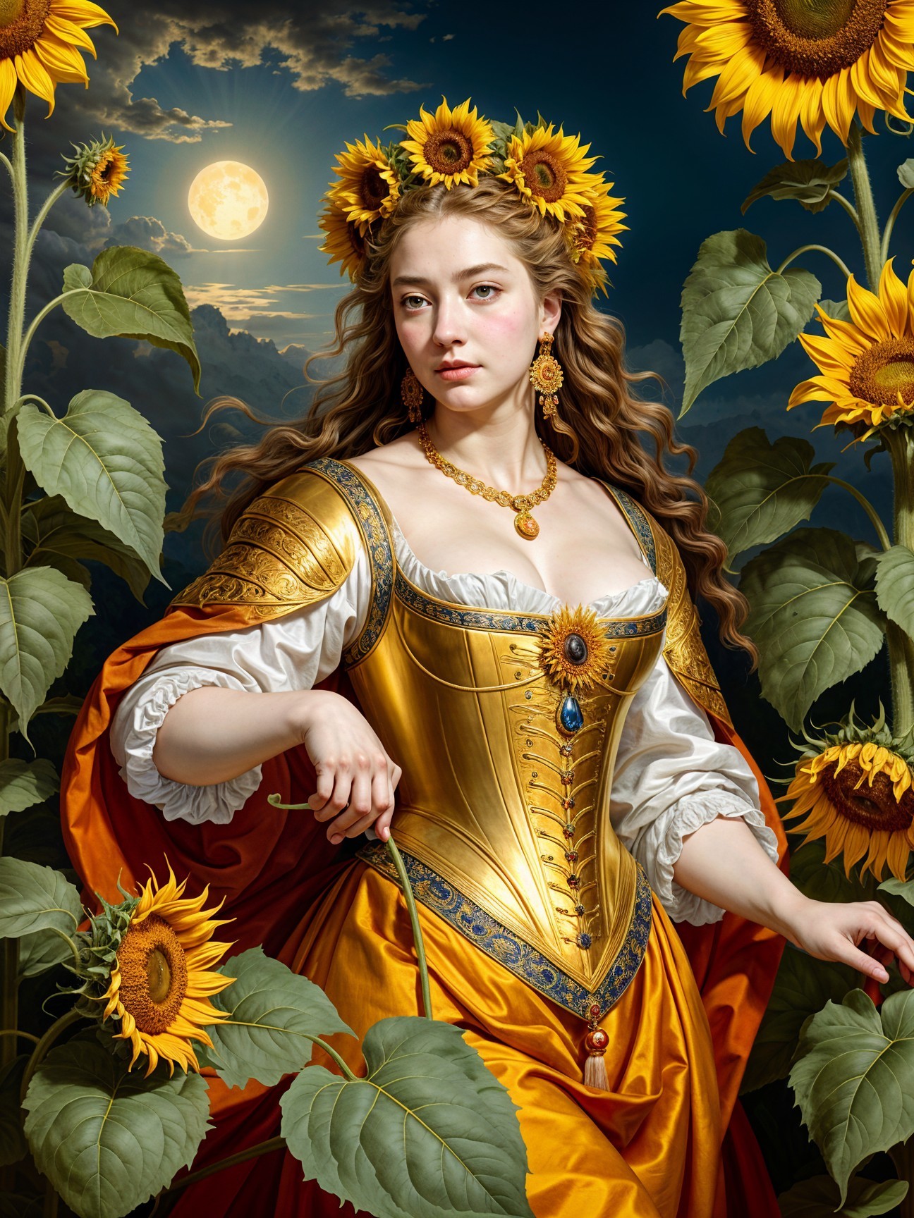 Regal Woman in Sunflowers Under Full Moonlight