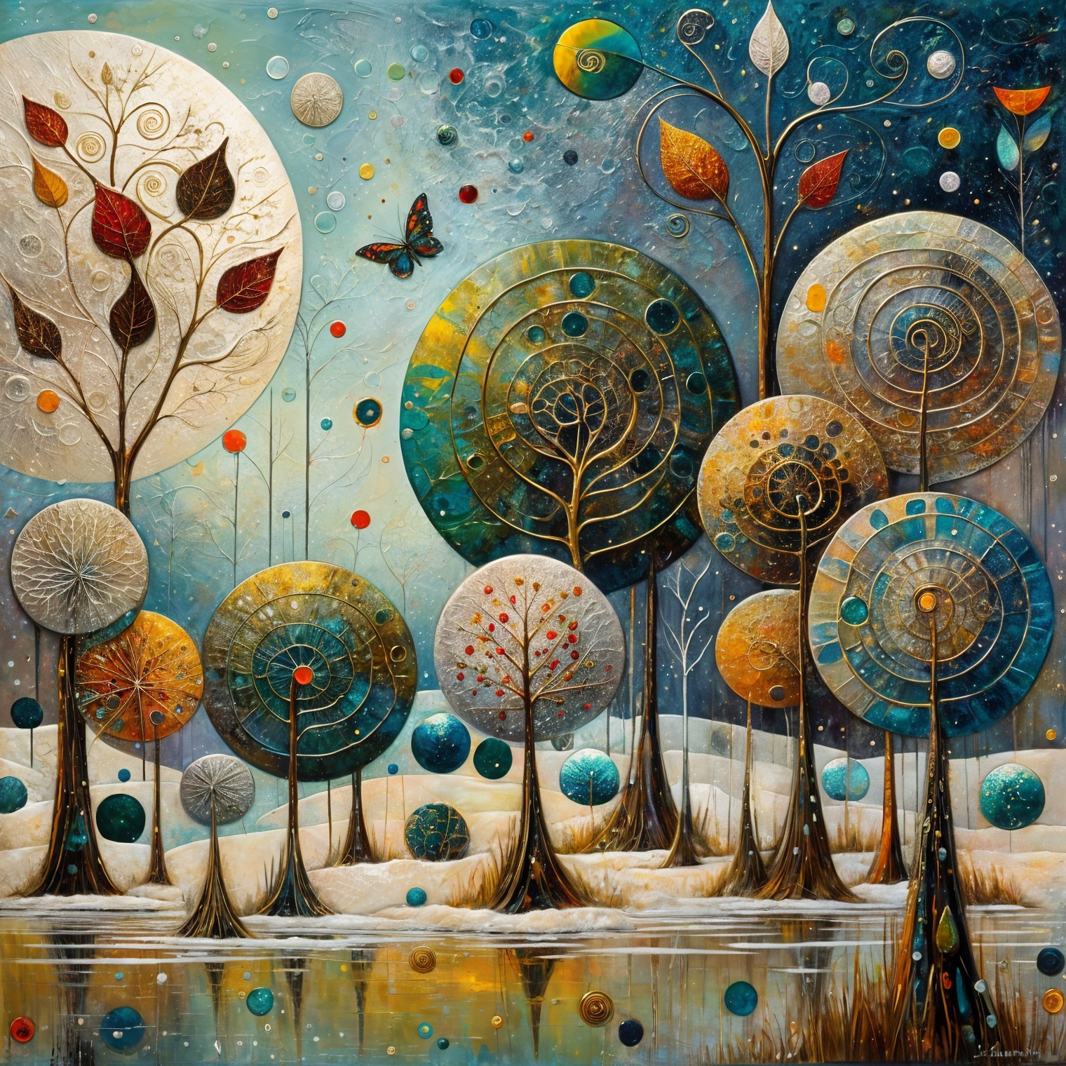 Whimsical Landscape with Abstract Trees and Moon