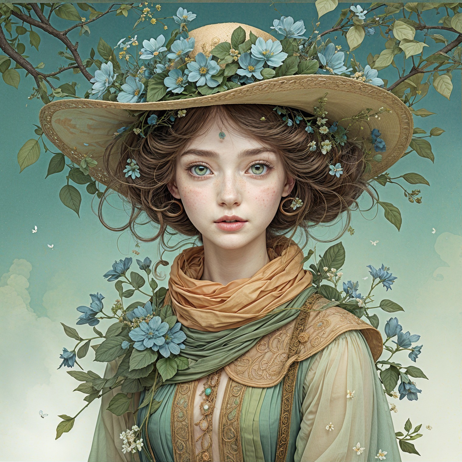 Young Woman in Straw Hat Surrounded by Nature's Beauty