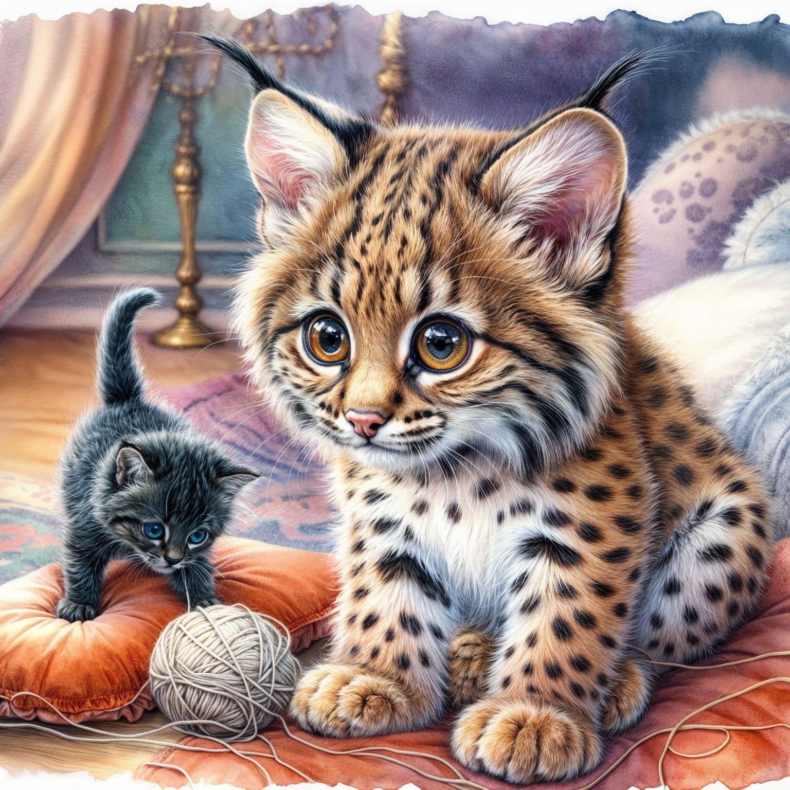Baby lynx and kitten in a cozy indoor setting