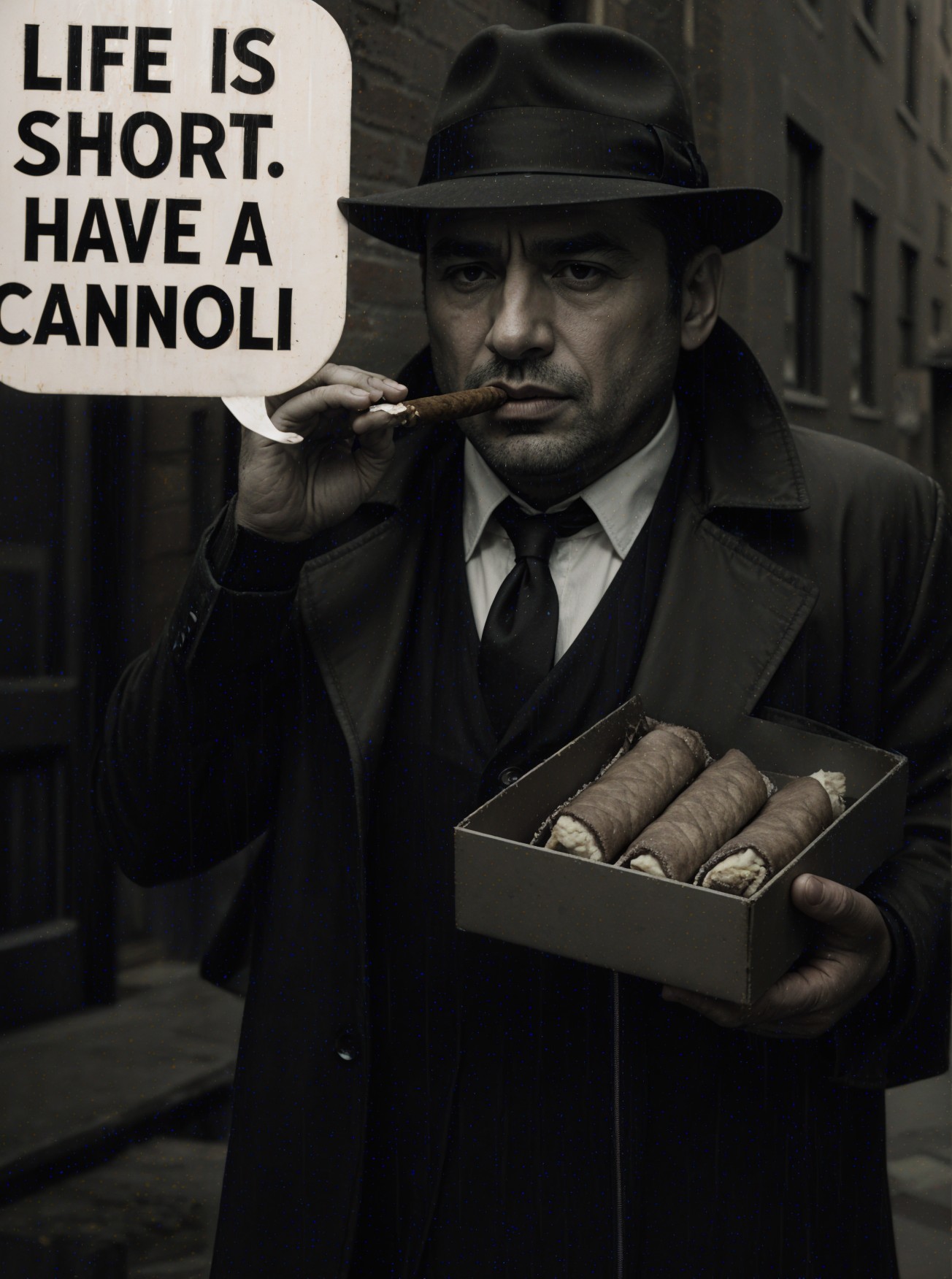 Man in Trench Coat Enjoys Cannoli in Alley Scene