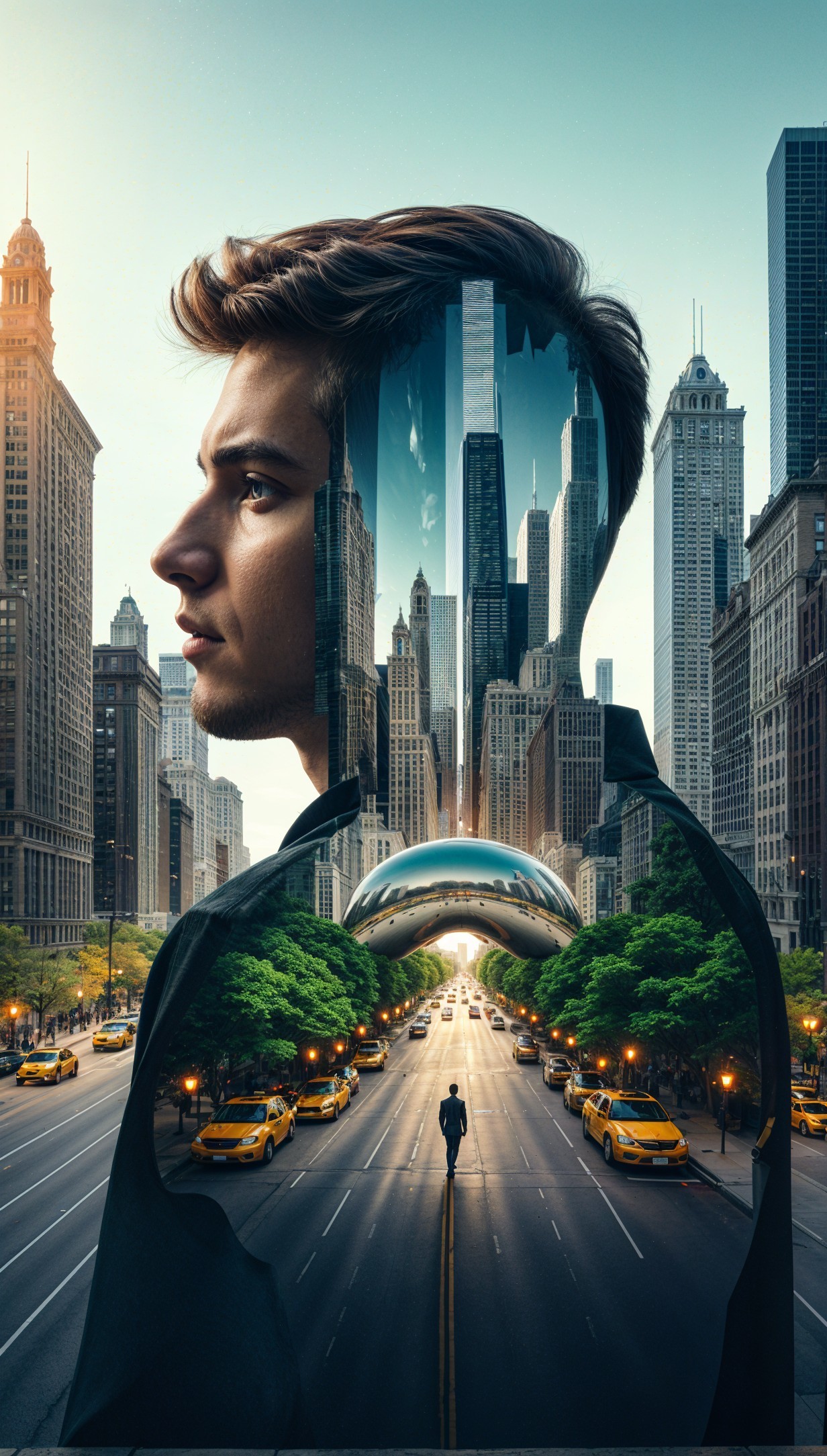 Young Man's Profile Merged with Cityscape Elements