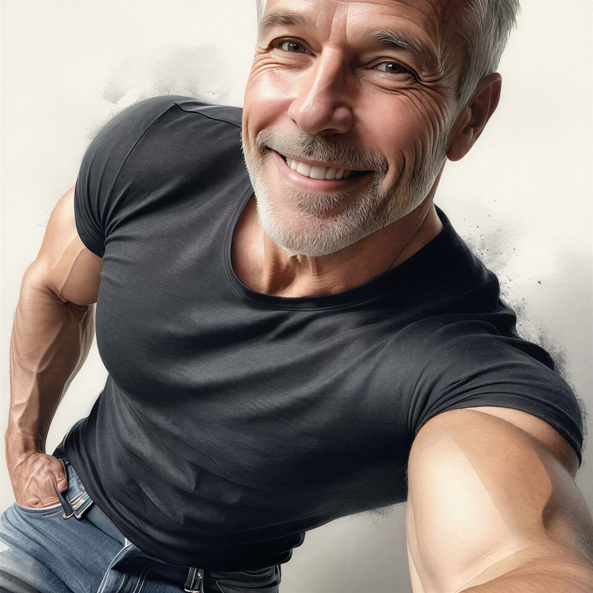 Fit Older Man in Black T-Shirt Taking Selfie