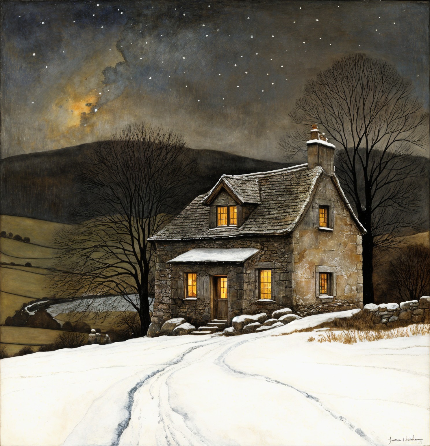 Cozy Stone Cottage in a Snowy Landscape at Night