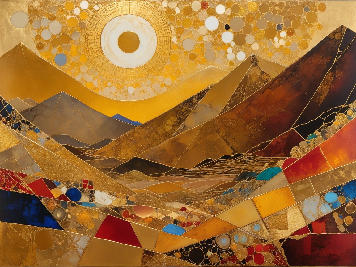 Abstract Landscape with Golden Mountains and Sun