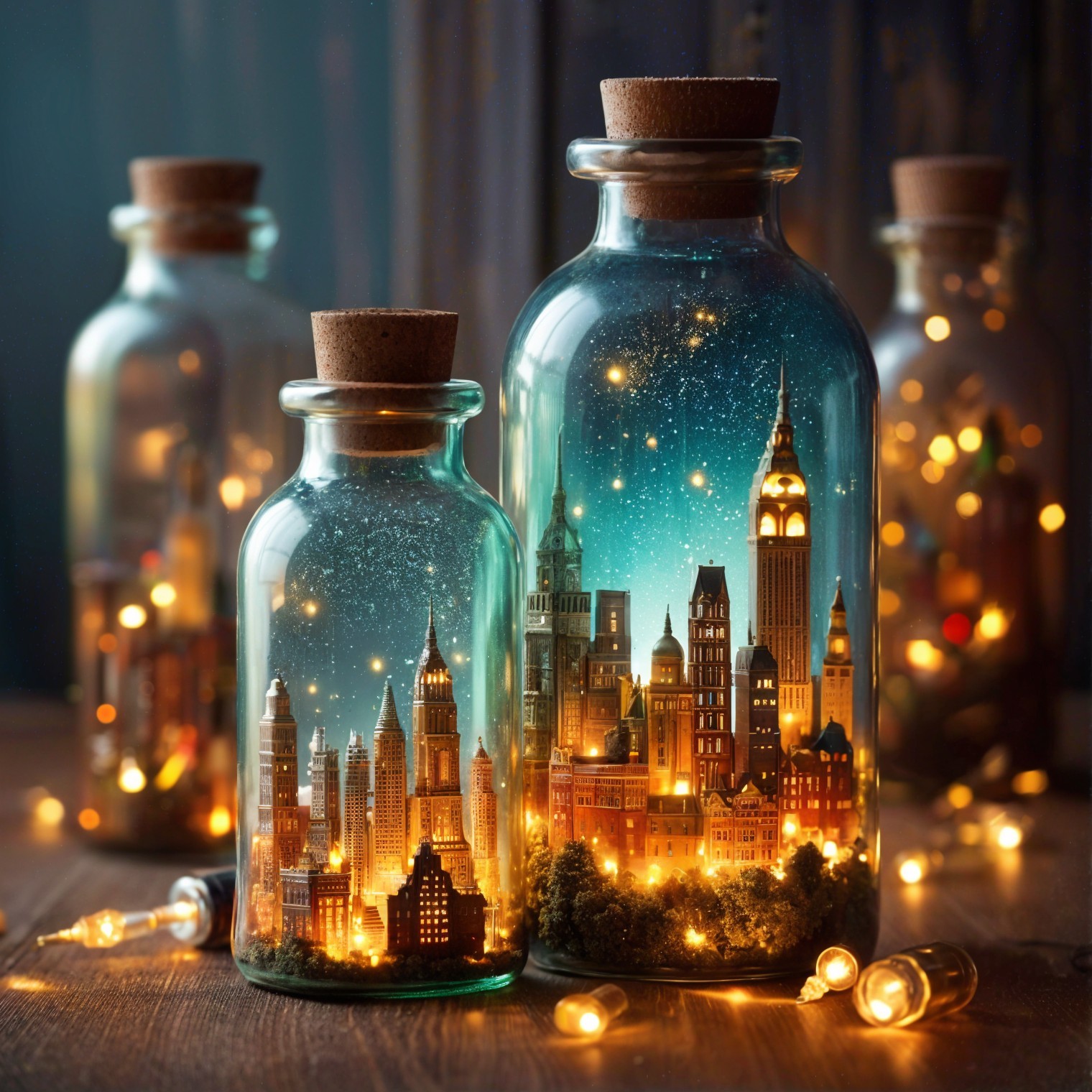 Glass Bottles with Miniature Cityscapes and Lights
